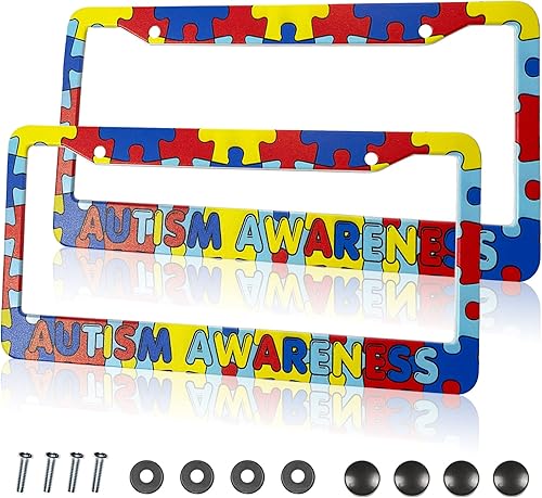 Marcos para placa de matrícula de concienciación sobre el autismo, 2 agujeros, costuras coloridas, piezas de rompecabezas para matrícula, cubierta