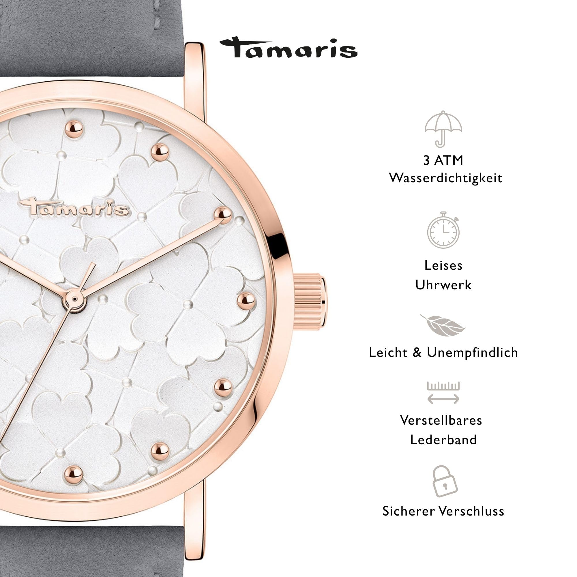 Tamaris Zegarek damski - zegarek na rękę dla kobiet analogowy 38 mm, Różowe złoto skórzana szara/liść koniczyny, Różowe złoto skórzana szara/liść koniczyny