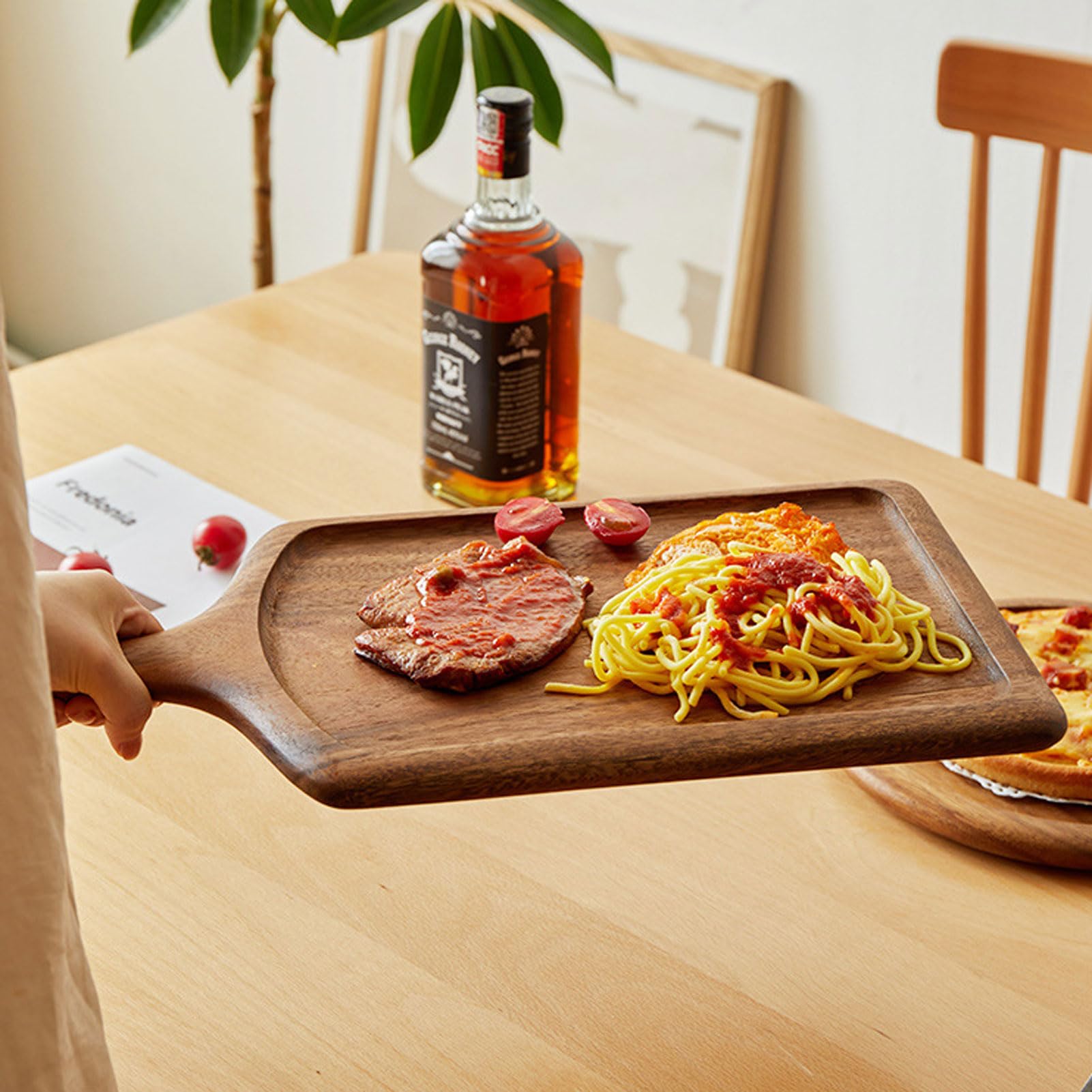 HUHJYUGE Bandeja Madera Decorativa, Bandejas para Servir Comida, Bandeja Redonda de Madera con Asas y Borde Elevado, Vajilla para Pizza, Filete y Queso (Ebony Steak Plate/40x25x2cm)