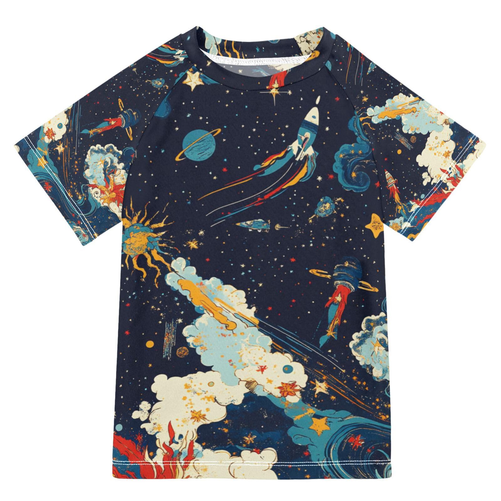 Jucciaco Boys Swimsuit Rocket Star Planet Art Sunscreen Kids Sun Rashguard Short Sleeve T-Shirts Swimwear Sets UPF 50+