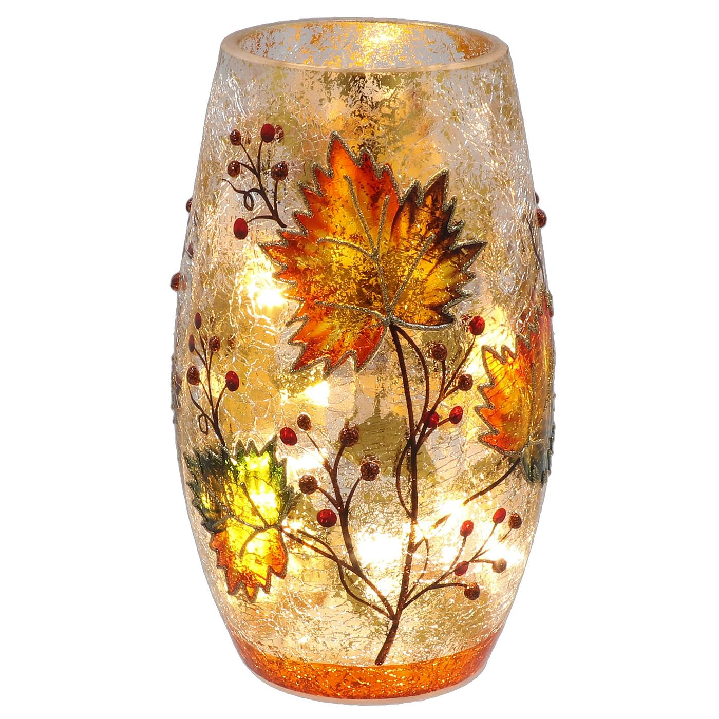 Shudehill Giftware Crackle Glass Autumn Leaves LED Vase, Light Up Decoration with Berries and Foliage Design