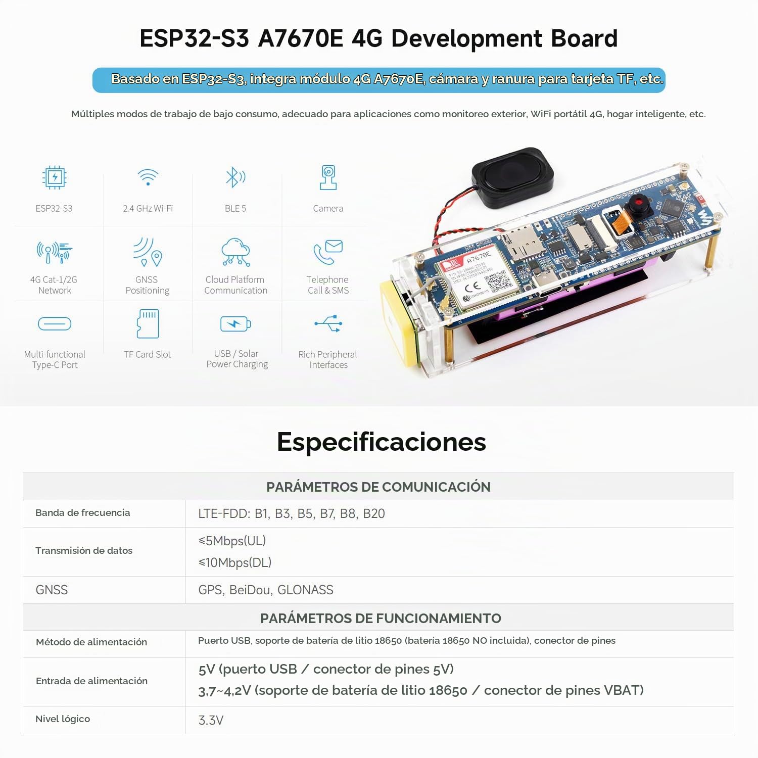 Waveshare ESP32-S3 A7670E 4G Development Board, with Camera/Speaker/Antenna | LTE Cat-1/2G/WiFi/BT/Telephone Call/SMS/GNSS Positioning Support, For 4G Portable WiFi