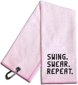 Swing Swear Repeat Embroidered Pink Golf Towel for Women, Funny Ladies Golf | Towel with Clip for Golf Bags, Swing Swear Repeat Waffle Microfiber, Golf Gifts for Women, Mom, Grandma, Sister, Aunt, Golfer