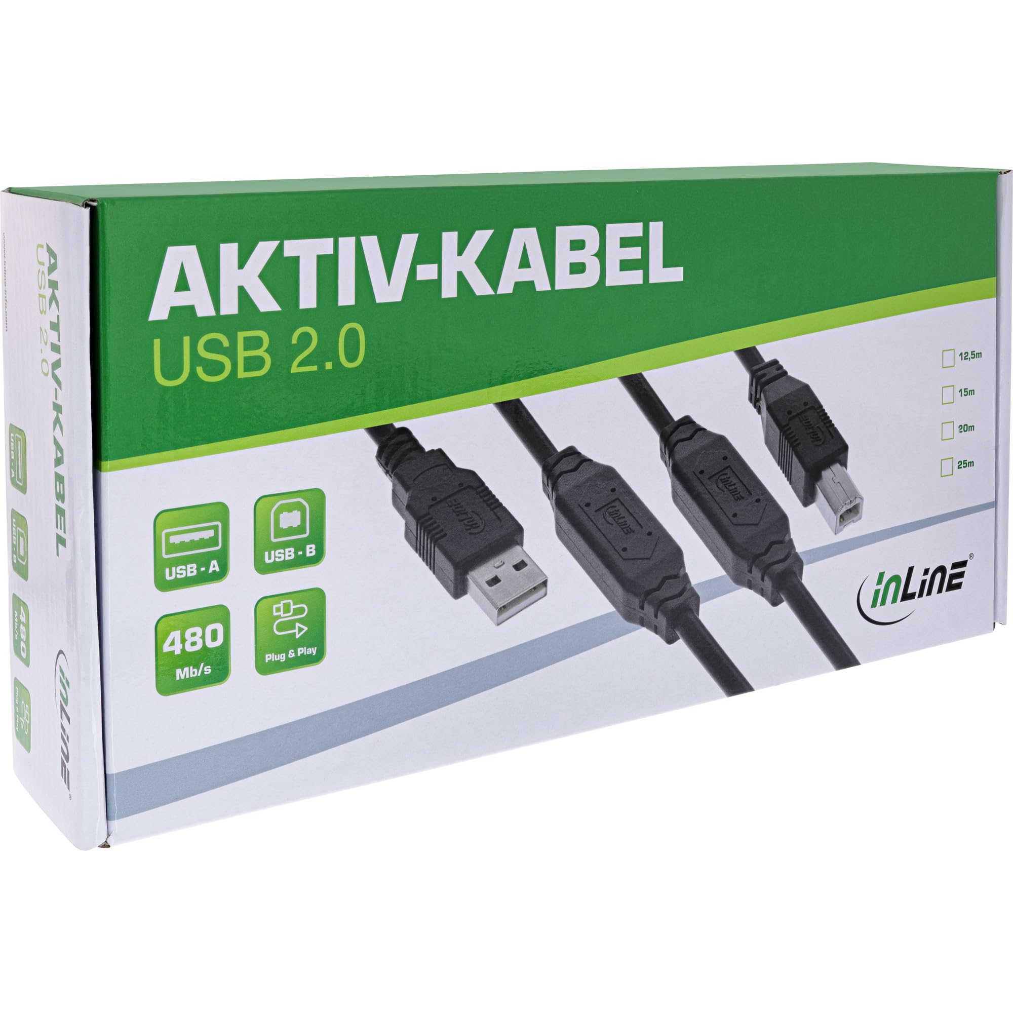 InLine® Cavo attivo USB 2.0 con amplificazione del segnale, da USB-A a USB-B, prolunga cavo stampante, 25 m, 34514A