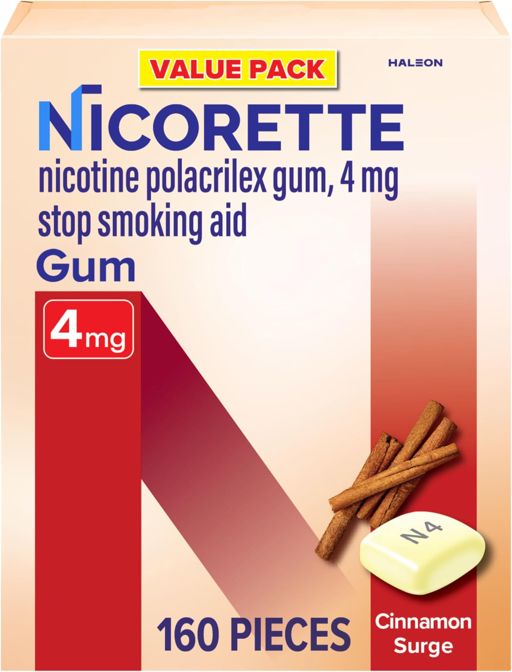 Nicorette 4 mg Nicotine Gum to Help Stop Smoking - Cinnamon Surge Flavored Stop Smoking Aid, 160 Count