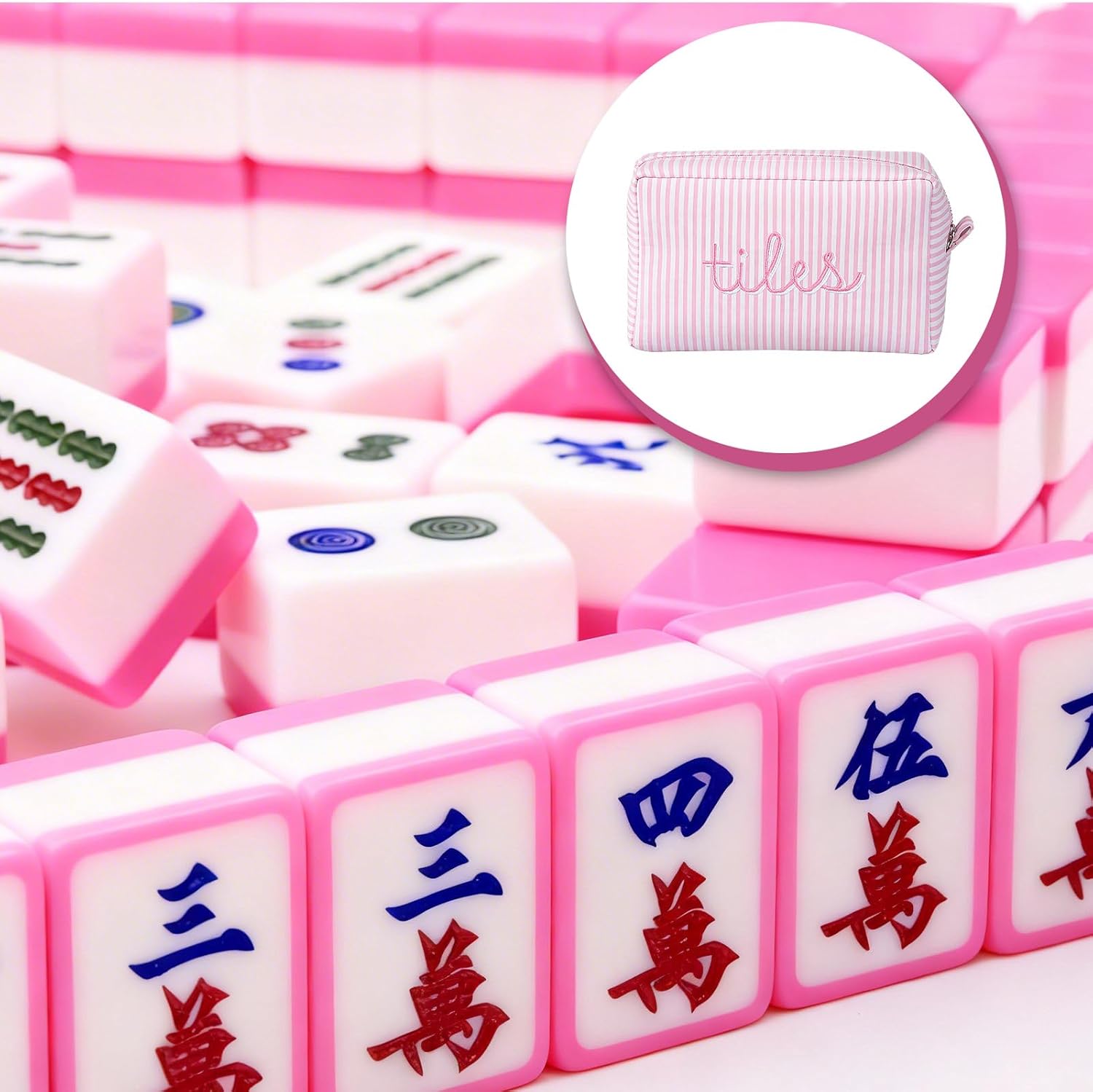 Empty Mahjong Bag Thickened American Mahjong Tiles Bag with Zipper Storage Pouch for Board Game Pieces Game Party Travel Gatherings Accessories, 10.4''x5.6'', Case Only (Tiles,Striped Pink)