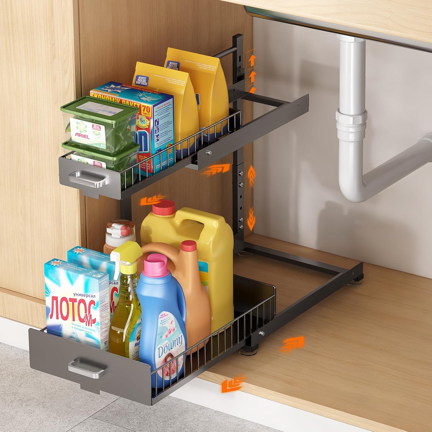 Under Sink Organizer, 2 Tier Slide Out Cabinet Organizer with Pulley, Height Adjustable Pull Out Shelf for Kitchen, Bathroom, Laundry and Utility Storage, Gray, 1 Pack