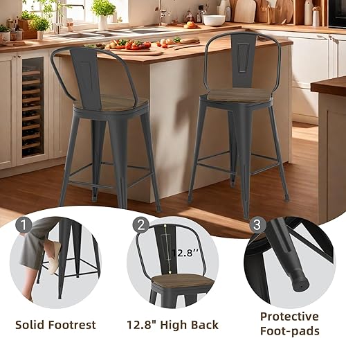 Miniatura 3 de Juego de 4 taburetes de bar giratorios de 24 pulgadas, taburetes de bar industriales con patas de metal resistentes, taburetes de bar con respaldo