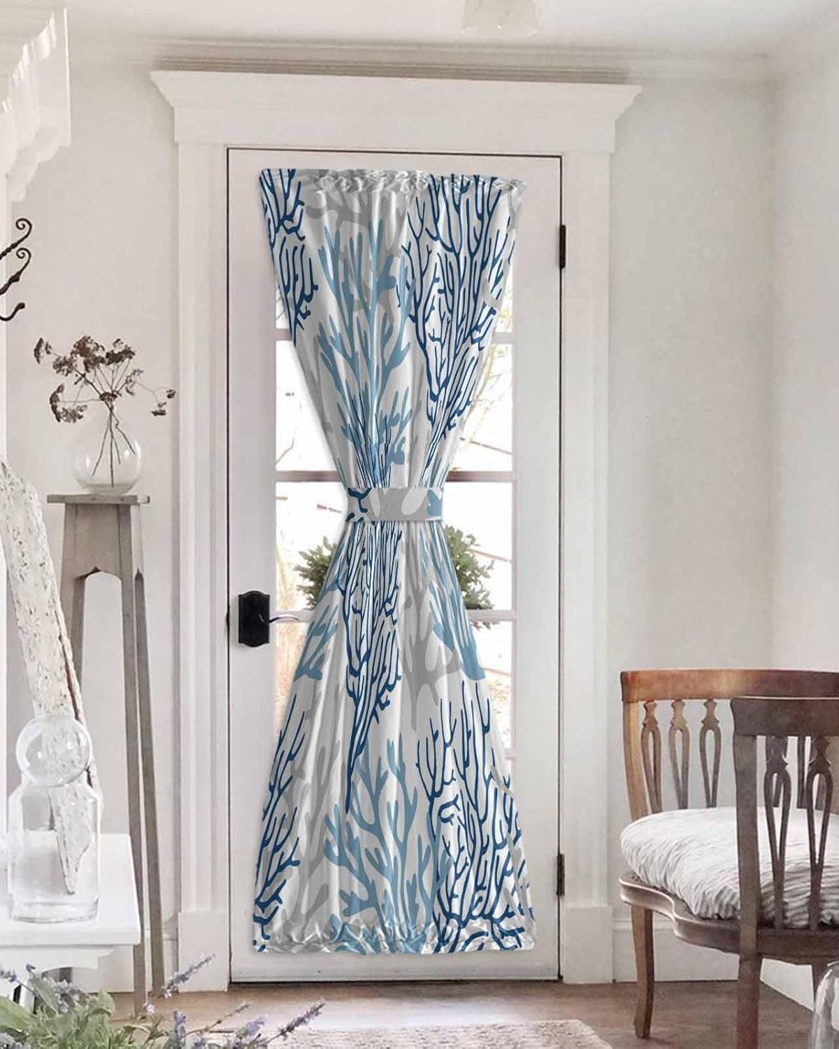 Nautical Ocean Coral Door Curtains for Doorway Privacy, Blackout French Door Curtain Thermal Sidelight Curtains for Front Door Rod Pocket Glass Door Panel 25x72in Ombre Blue Coastal Beach
