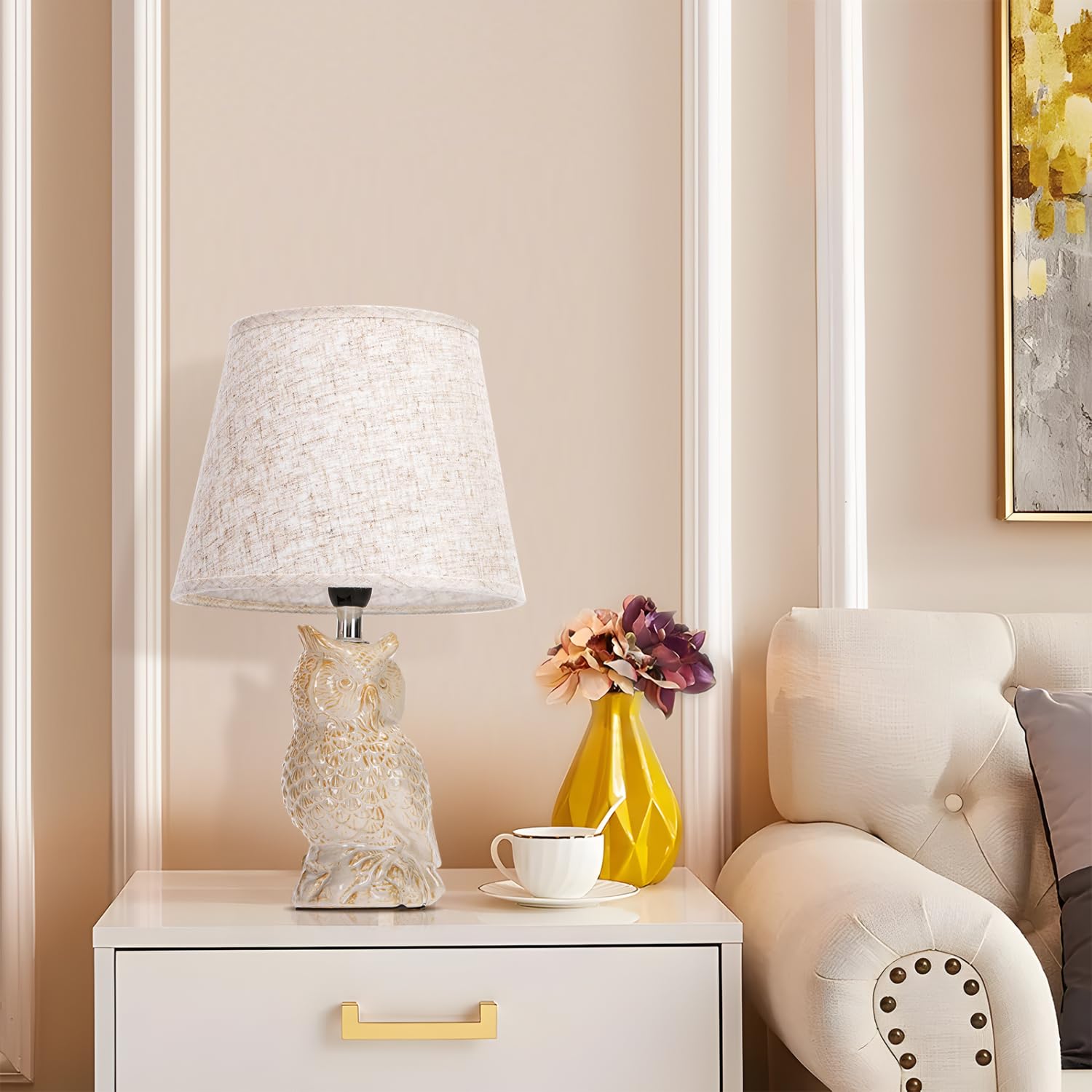 Aigostar Lampe de Table en Céramique, Moderne Lampe de Chevet avec Abat-Jour en Tissu, Douille E14, max.40W, Lampe de Canapé, Veilleuse pour Chambre, Salon, Bureau, Hôtel, Café (sans Ampoule) -H325mm