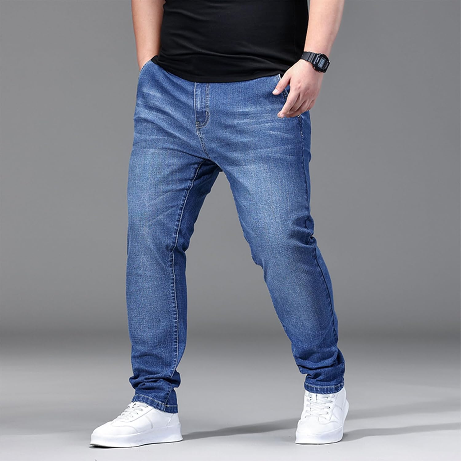 Men's Plus Size Stretch Jeans Mid Rise Slim Fit Stacked Jeans Big and Tall Straight Skinny Denim Pants 2XL-6XL