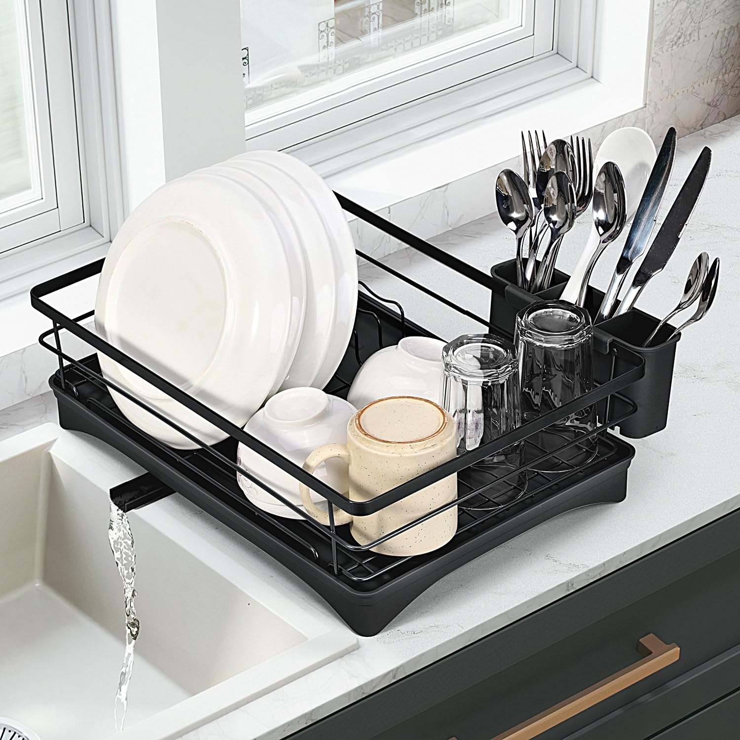 Vinsani Black Dish Drainer Rack Space Saving Dish Drying Rack Sleek Modern Kitchen Drying Rack With Auto Drainage System Cutlery Holder For Kitchen Countertop (Black)