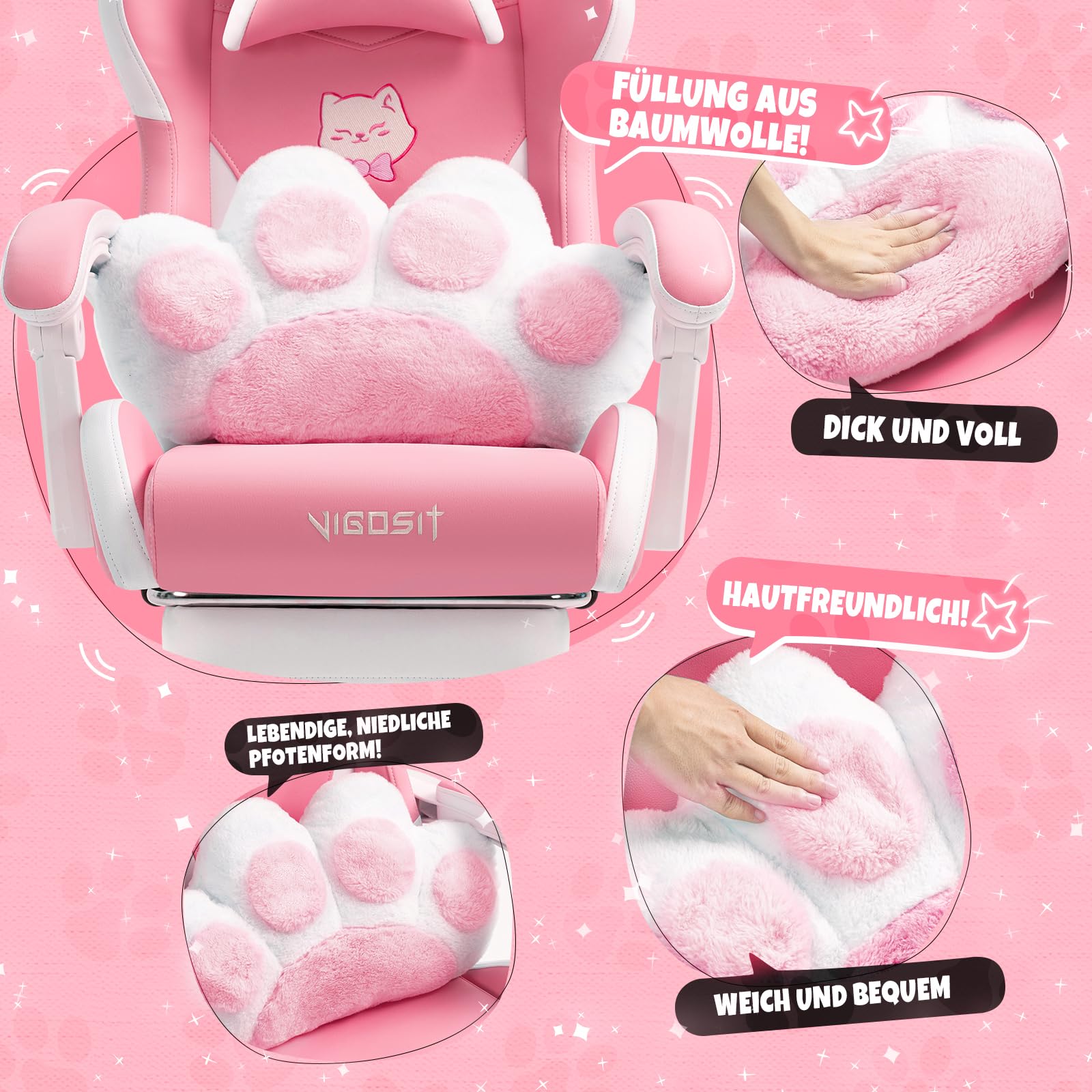 Vigosit Chaise de jeu PC mignonne, ergonomique, avec coussin lombaire et oreilles de chat, repose-pieds réglable, pour filles, adolescentes, enfants, rose