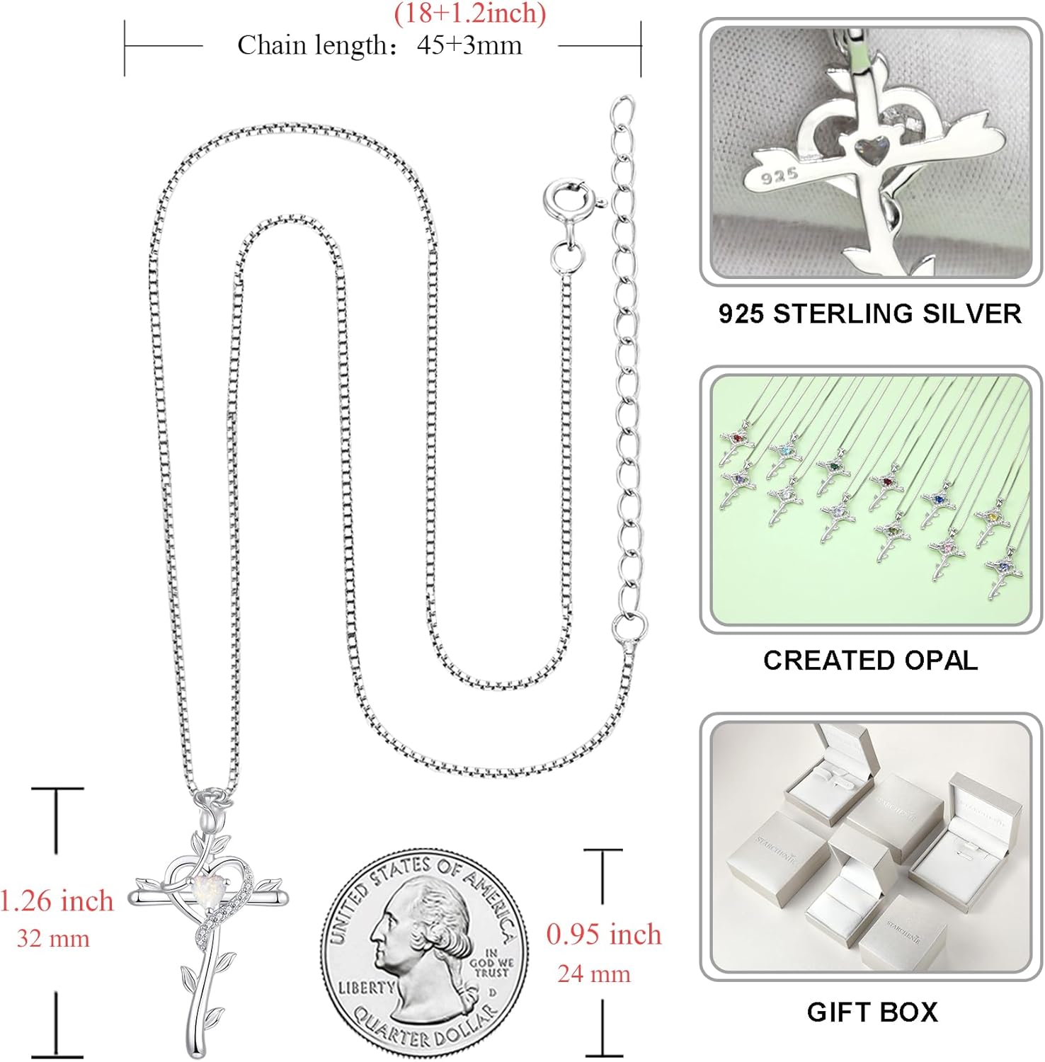 STARCHENIE Rose Cross Necklace 925 Sterling Silver Heart Crucifix Pendant Birthstones Jewelry for Women - Image 6