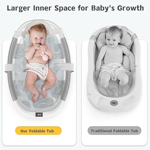 Miniatura 5 de Bañera plegable para recién nacidos a niños pequeños de 0 a 36 meses, espaciosa bañera plegable para bebés con termómetro, cojín y orificio de