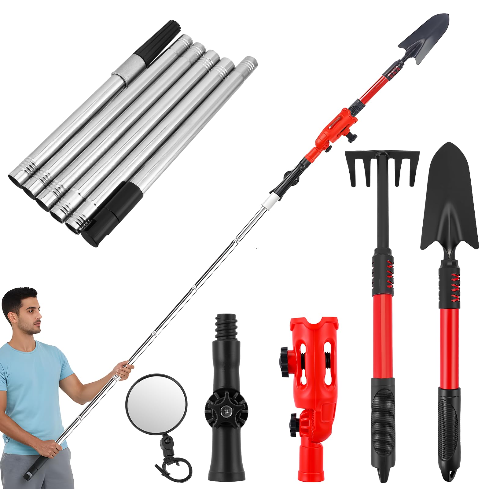 180cm Dachrinnenreiniger, 360° Verstellbarer Winkel Reinigungslöffel Schaufel mit 6Pcs Teleskopstiel and Inspektionsspiegel für Reinigen von Blättern Schmutz Fenstern Dachrinnen Kronleuchtern