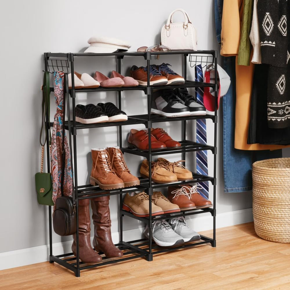 7-Tier Black Space-Saving Shoe Rack Holds Up to 21 Pairs with Adjustable Shelves & Hooks