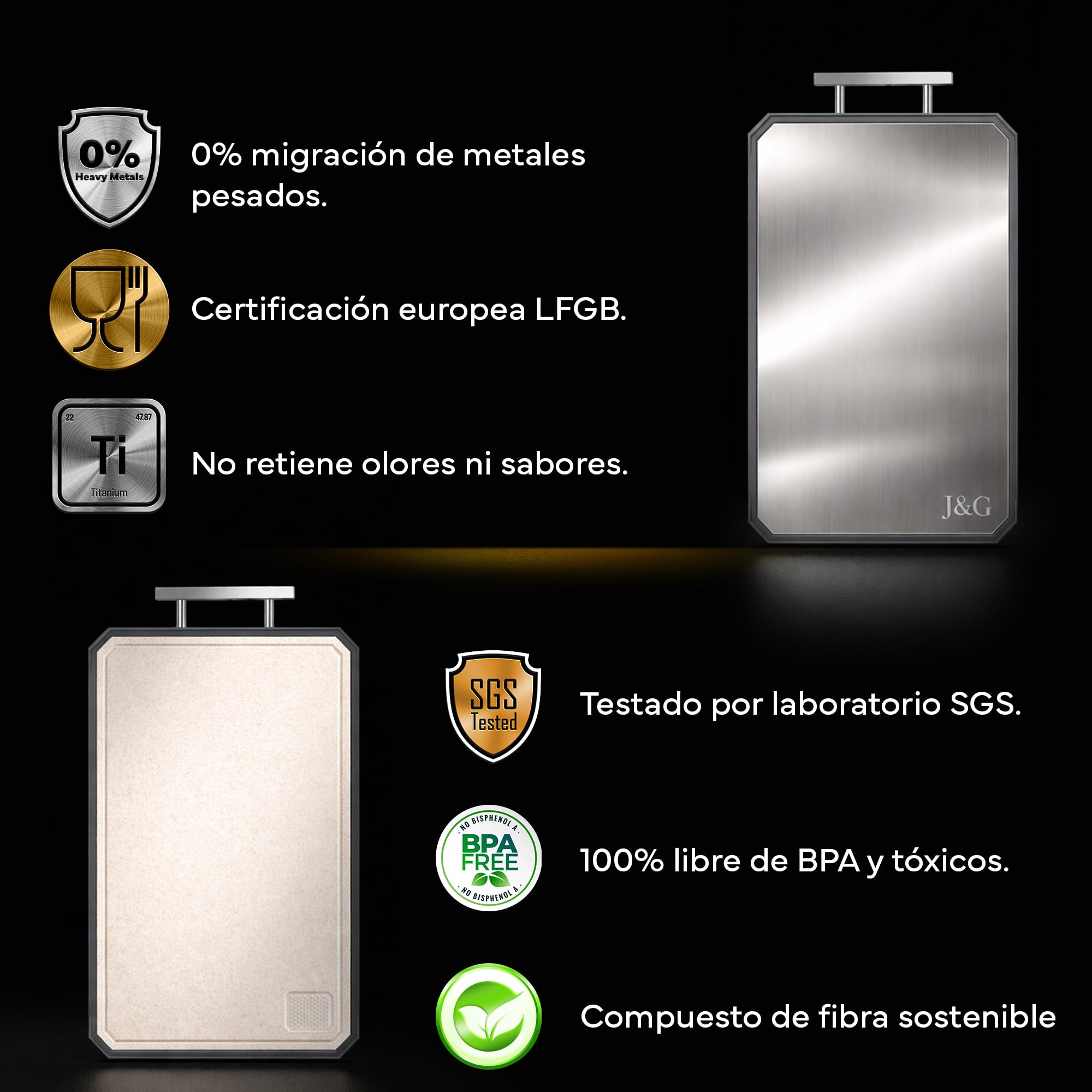 J&G Tabla de Cortar de Titanio 100% Puro y Fibra de Trigo, Doble Cara, Antibacteriana Profesional, Set con Guía de Corte y Bayeta Microfibra, Libre de BPA, Certificación LFGB y SGS (39,3 x 28,2 cm)