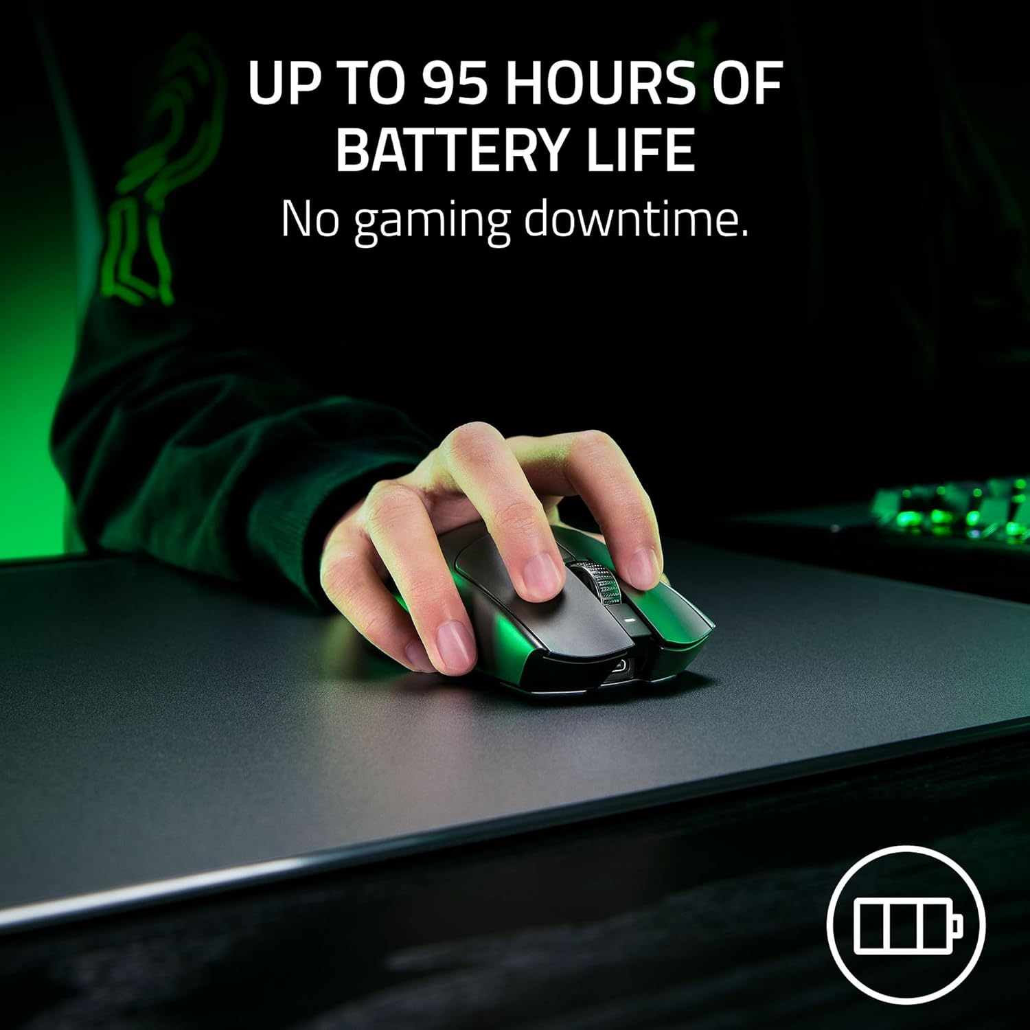 Hand using Razer Viper V3 Pro SE mouse on a mat, illustrating battery life