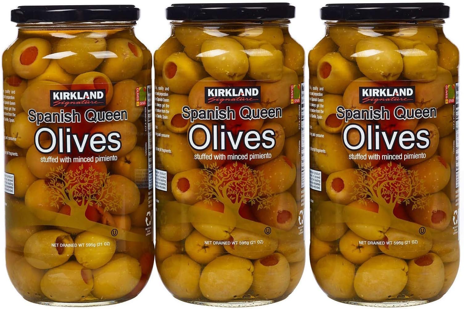 Kirkland Signature Spanish Queen Olives Stuffed With Minced Pimiento, 21oz Glass Jar (Pack of 3, Total of 63 Oz)
