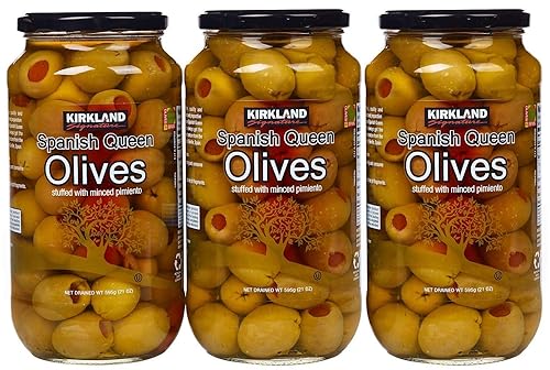 Kirkland Signature Spanish Queen Olives rellenas con pimiento picado, tarro de vidrio de 21 onzas (paquete de 3, total de 63 onzas)