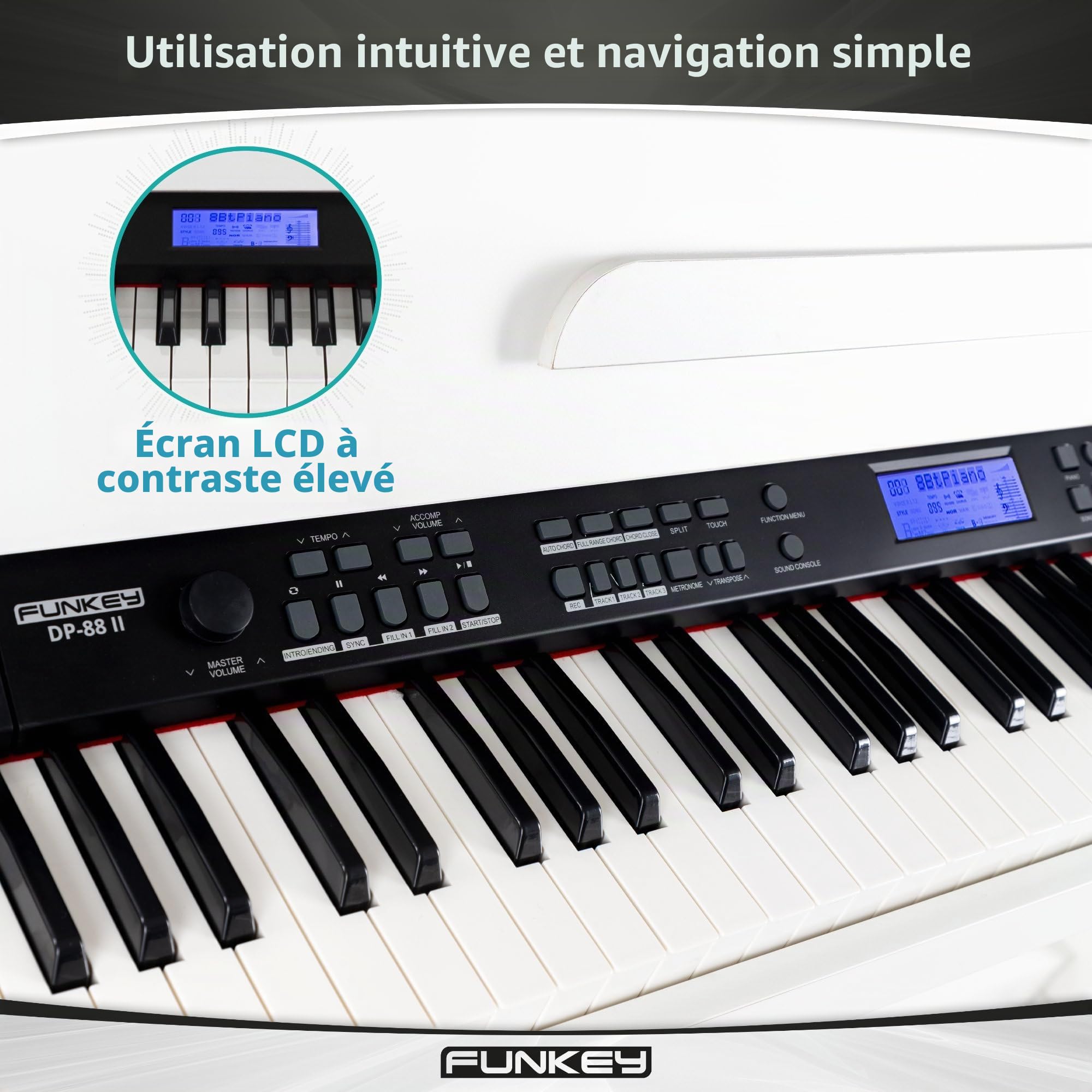 FunKey DP-88 II piano numérique blanc set avec banquette de synthé, casque, méthode d'apprentissage