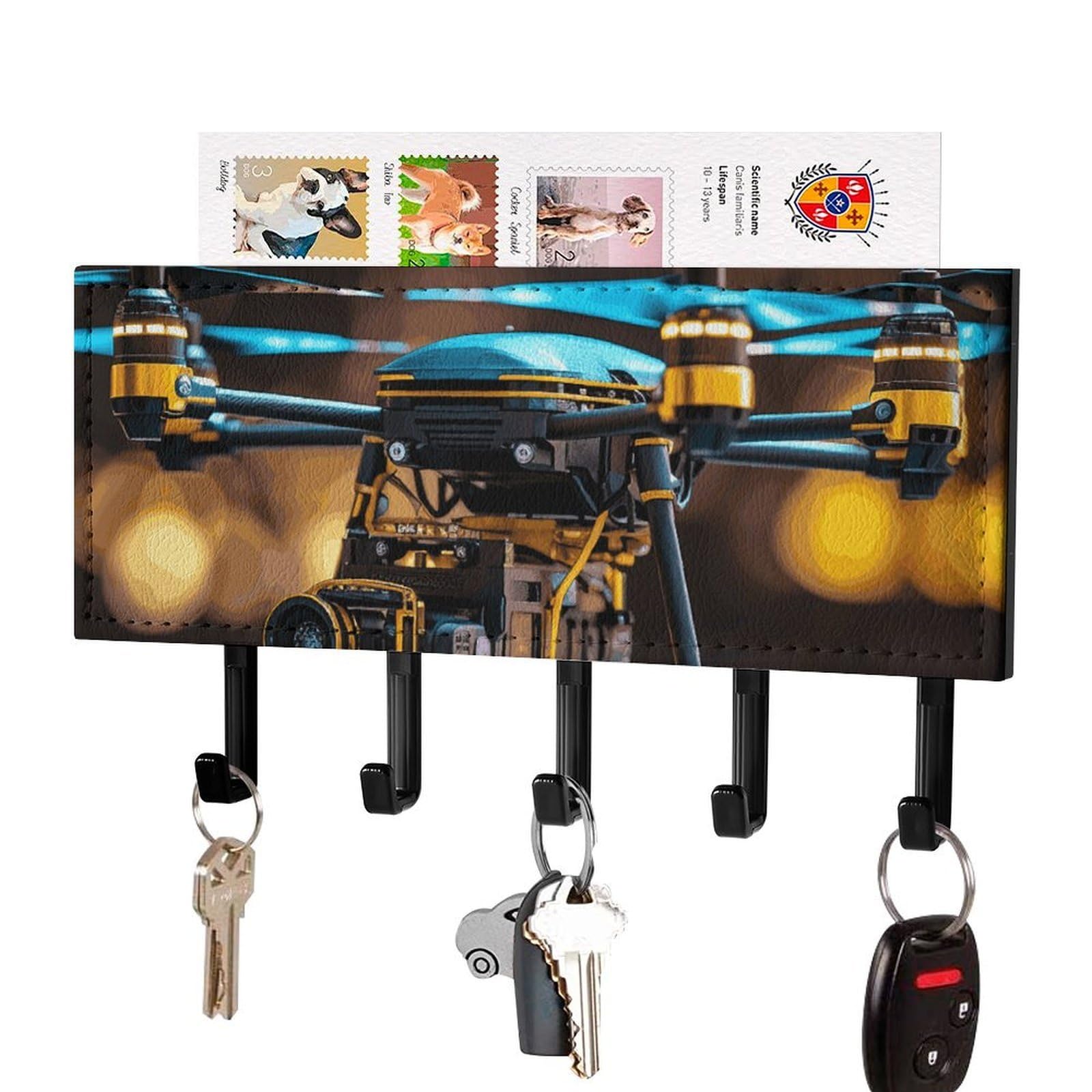 DWVTSLH Drone Key Holder for Wall, Decorative Key Hooks with Mail Organizer & 5 Hooks, Self Adhesive Leather Key Hanger for Entryway, Wall Mounted Key Rack (7.1” X 4.3” X 0.9”)