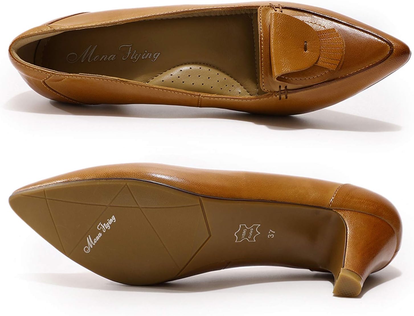 Mona flying Womens Leather Comfortable Pointed Toe Pumps 7cm High Heels Dressy Casual Office Work Shoes for Ladies