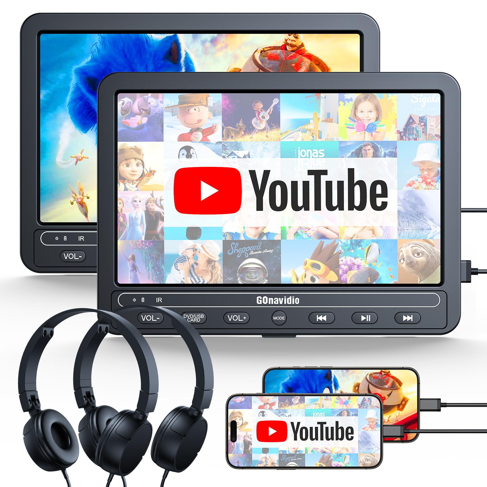 10,5" GOnavidio Dual Reproductor de DVD Portátil para Automóvil con Entrada HDMI, Batería Recargable Incorporada, Reproductor de DVD para Automóvil Compatible con Tarjeta USB/TF