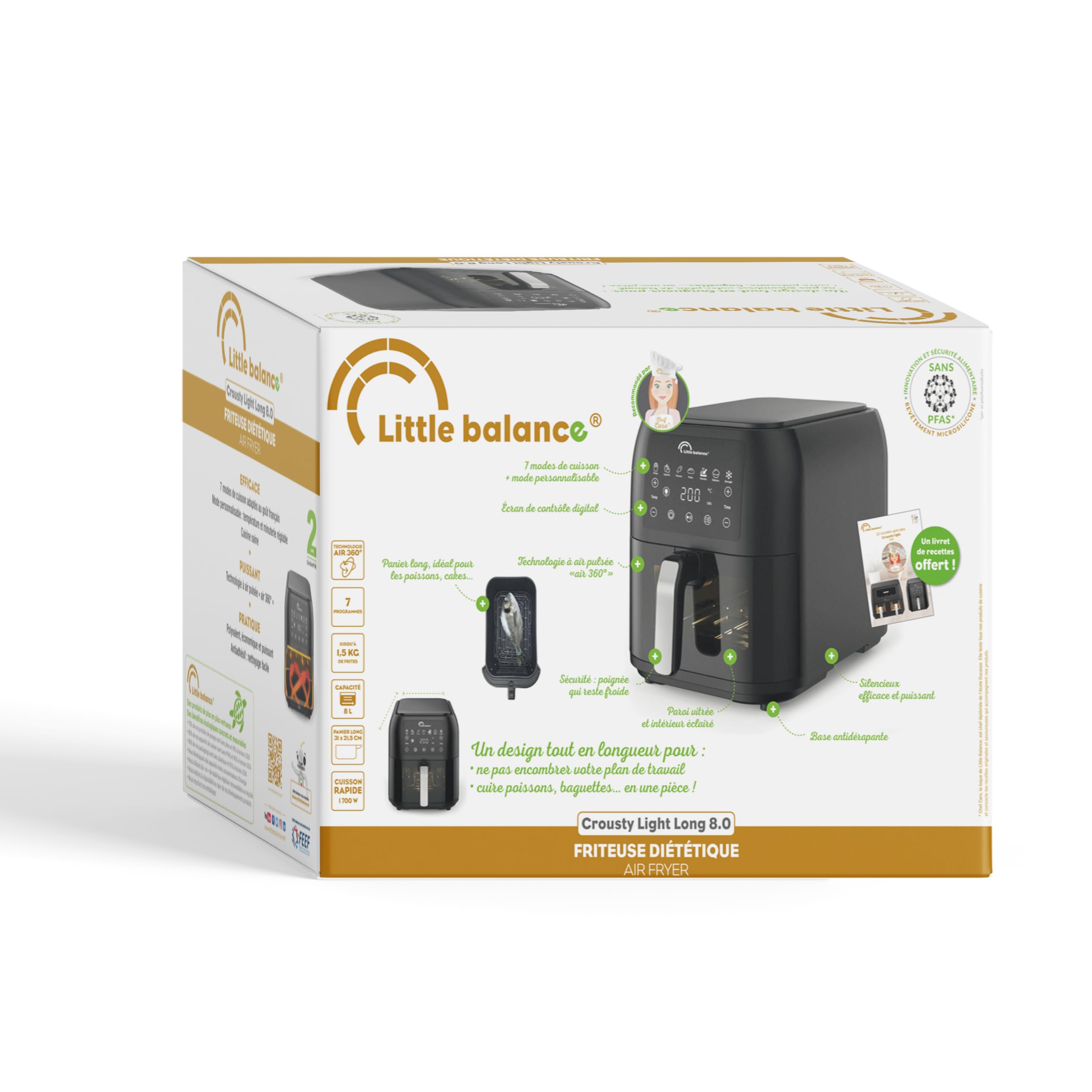 LITTLE BALANCE 8866 Crousty Light Long 8, Freidora sin aceite, Air Fryer, Sin PFAS, 7 programas predefinidos, 8 litros para 6 personas, 1700 W, Negro