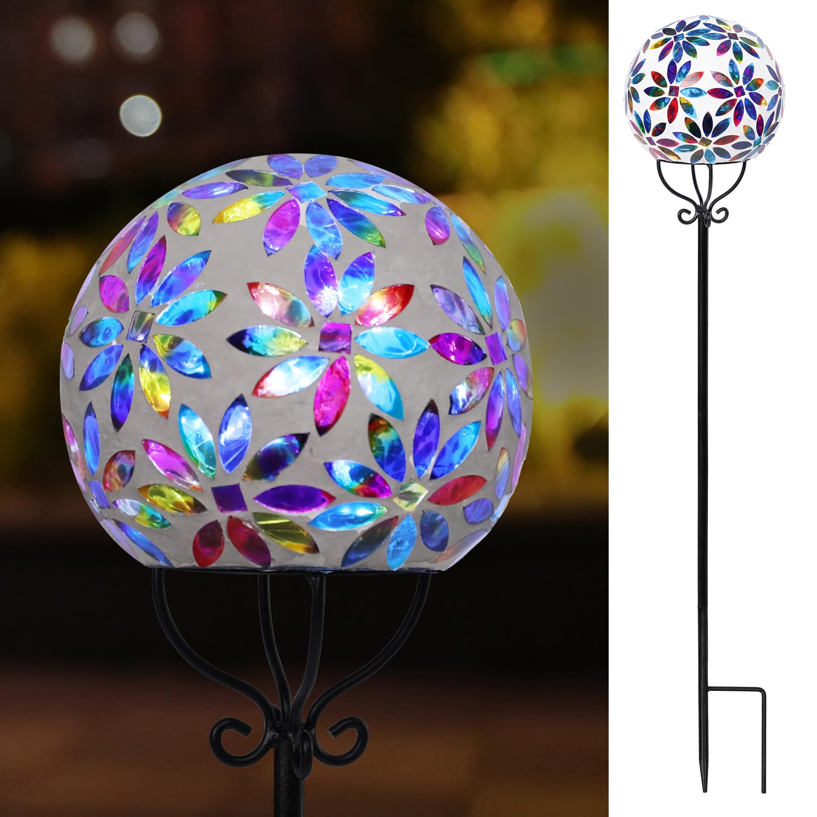 VCUTEKA Solar Outdoor Lights Garden Decor Mosaic Solar Garden Lights Waterproof Glass Ball LED Pathway Stake Light for Landscape Lawn Patio Yard Decoration 6 inch, Multi