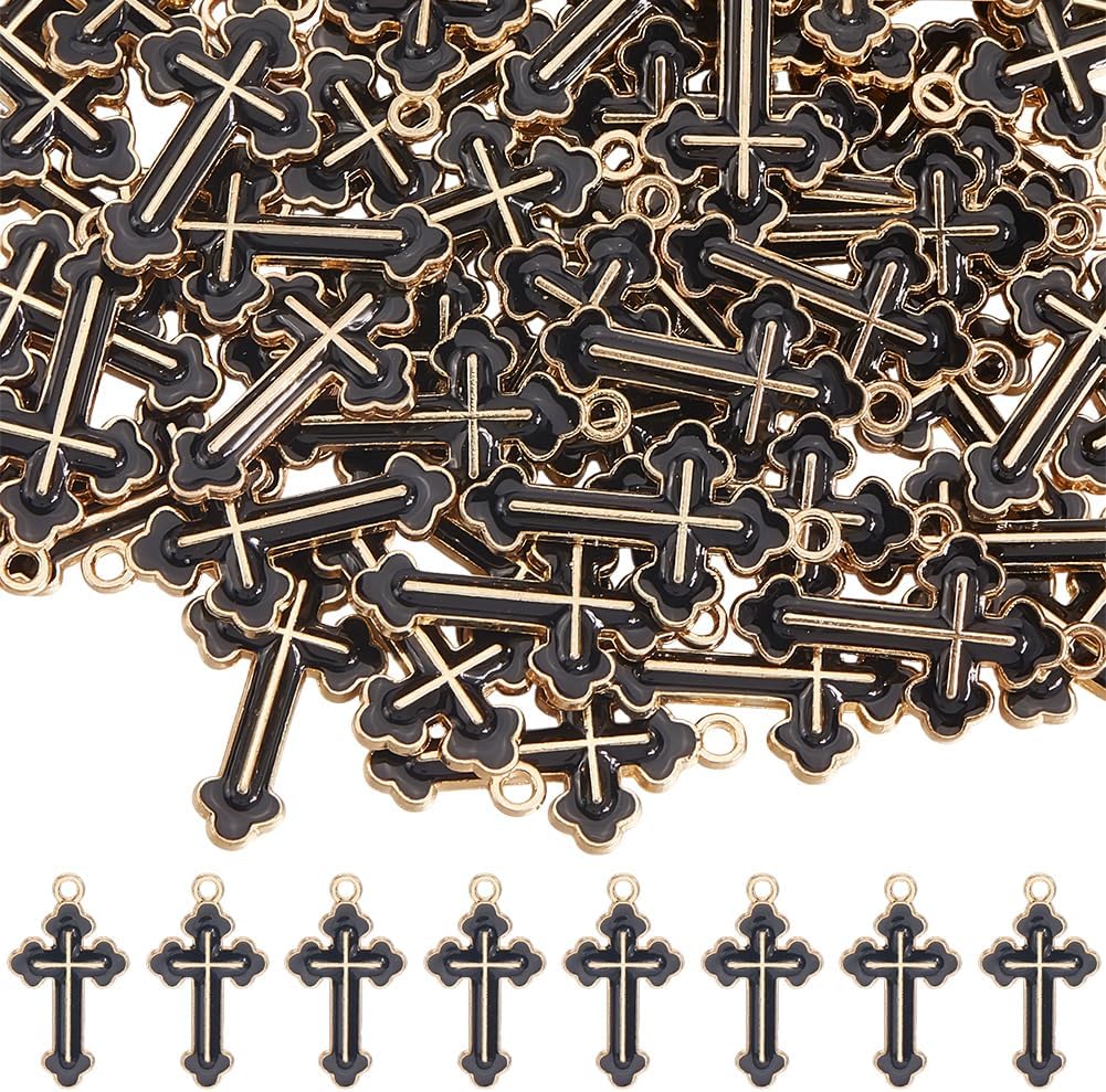 SUNNYCLUE 1 Box of 60 Pcs Enameled Cross Pendants Black Cross Pendants Mini Easter Gold Cross Pendants for Jewelry Making Necklace Br