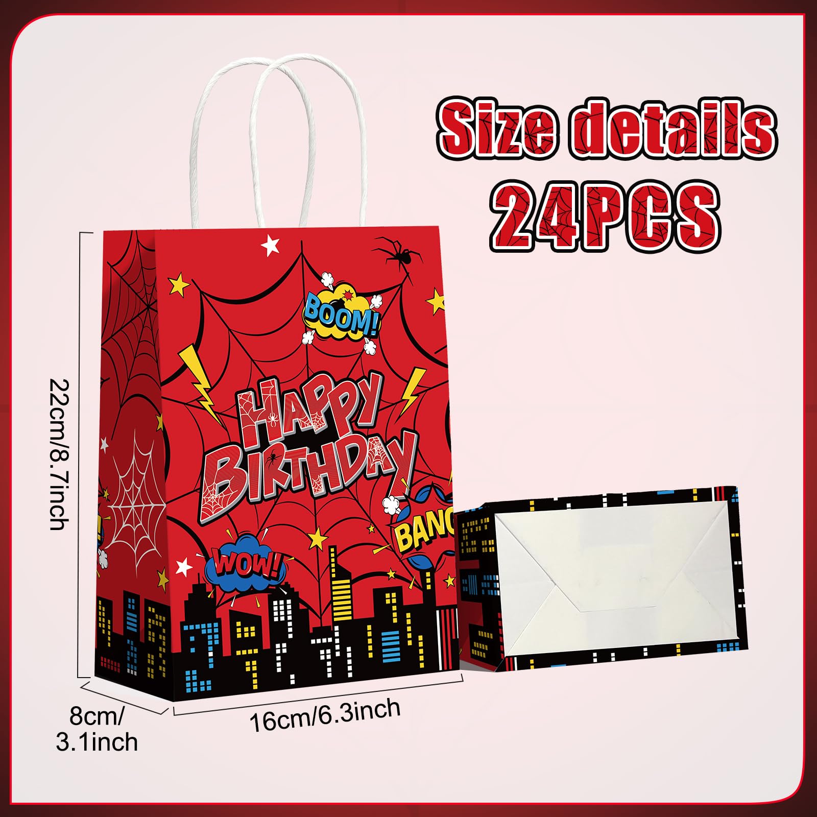 Denwiller 24 Pcs Red Spider Birthday Party Favor Bags with Handles, Happy Spider Candy Goodie Bags Red Gift Treat Wrapping for Boy’s Birthday Cartoon Party Supplies