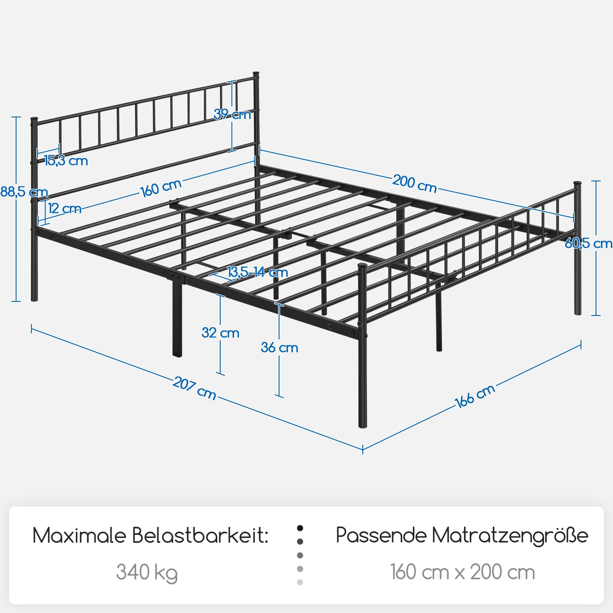 Yaheetech Metallbett 160 x 200 cm Bettrahmen mit Kopfteil Bettgestell aus Metall Gästebett mit Lattenrost für Schlafzimmer Gästezimmer Schwarz