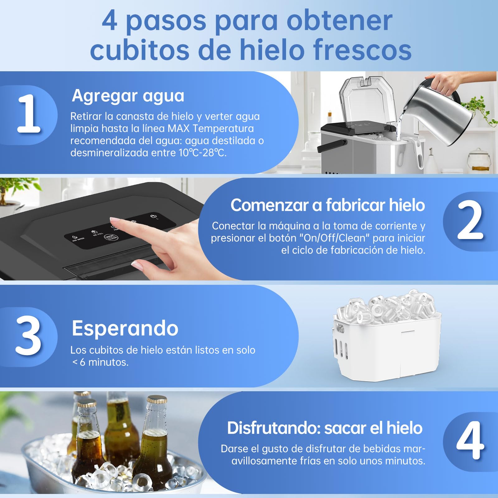 WIE Máquina de Hielo, 1.5L Autolimpiable Máquina para Hacer Hielo, 2 Tamaños de Hielo, 9 Cubitos Listos en 6 Minutos, con Asa, pala y Cesta para Hielo, Ideal para Cocina/Oficina/Bar, Acero Inoxidable