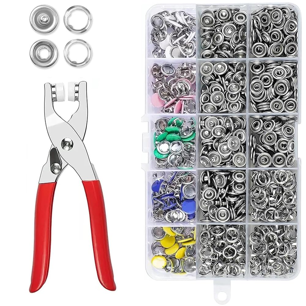 1 Snap Fastener Kit with Pliers, 200pcs, No-Sew Press Stud Closures, Hollow and Solid for DIY Clothes, Leather, Jeans and Bags