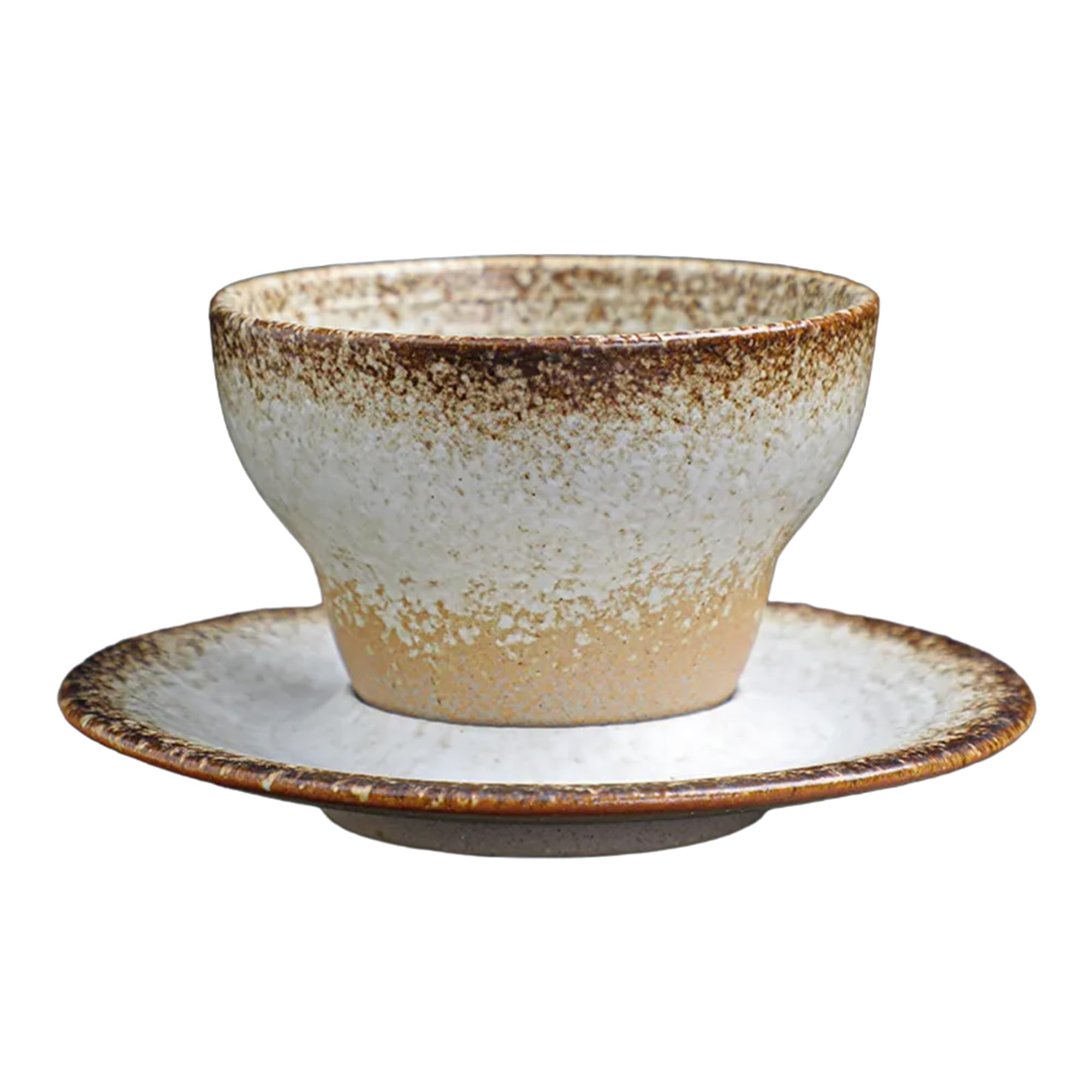 Chocolate&VanillaMelt Japanese Ceramic Cup & Saucer Set - Coffee, Espresso - Rustic, Vintage Drinking Earthenware Sets - Innovative Conical Design & Hollow Coaster (White)