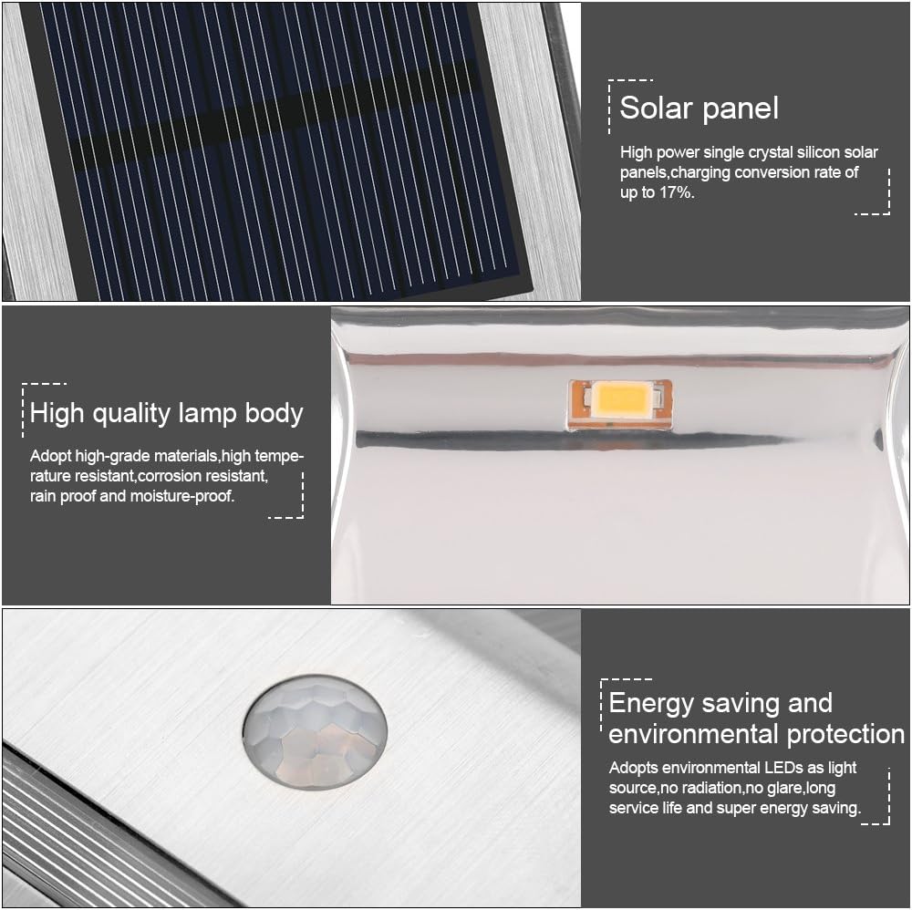 LED Solar Outdoor Lights, Stainless Steel Solar Powered Solar Wall Lights Outdoor PIR Motion Sensor Wall Light(Silver-Pure White)