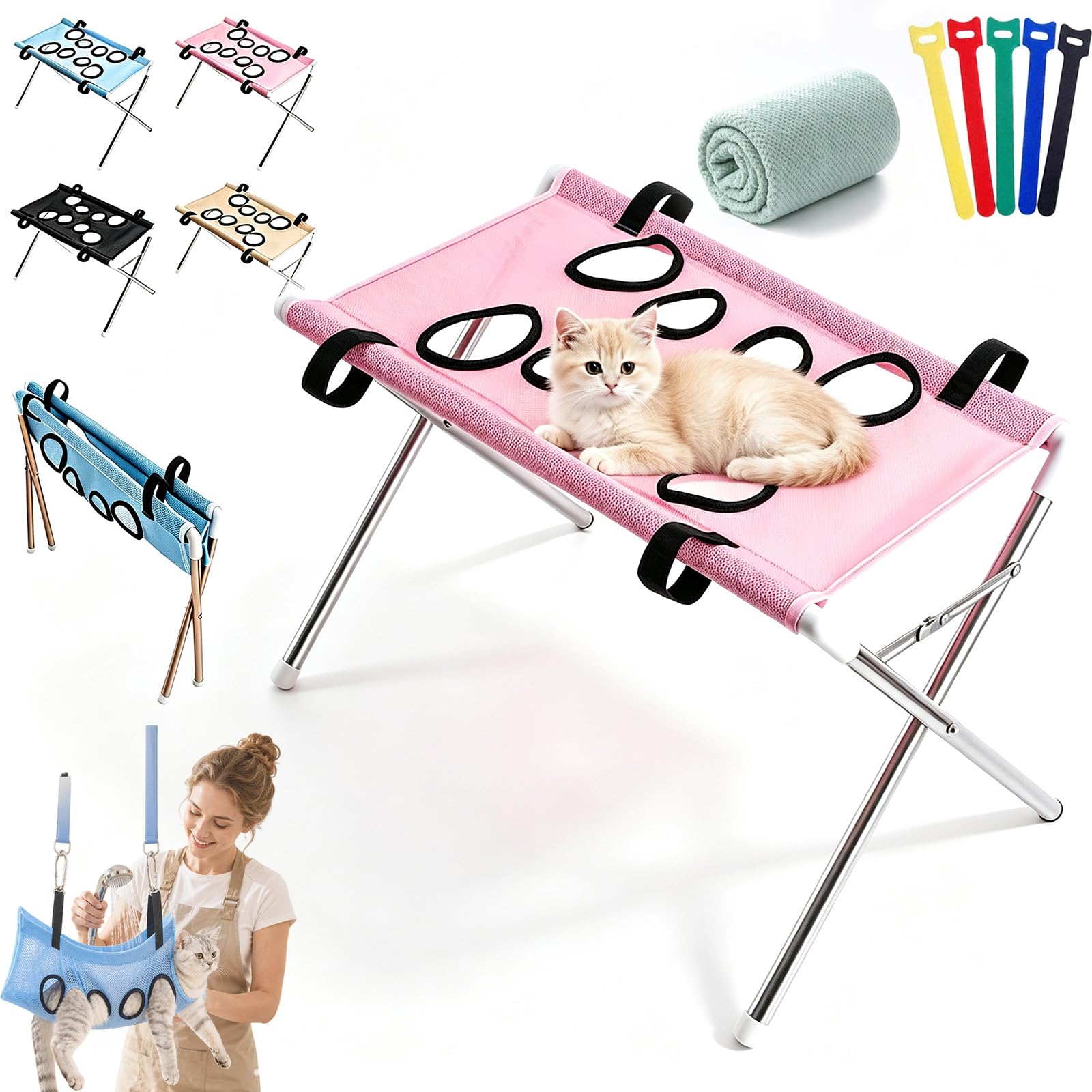 Pet Grooming Stand with Removable Mesh Hammock for Cats & Small Dogs (Pink)