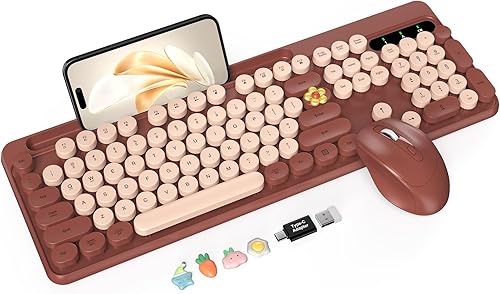 Miniatura 13 de Combo de teclado y mouse inalámbricos, teclas redondas retro, lindo teclado de máquina de escribir de tamaño completo con soporte para teléfono,