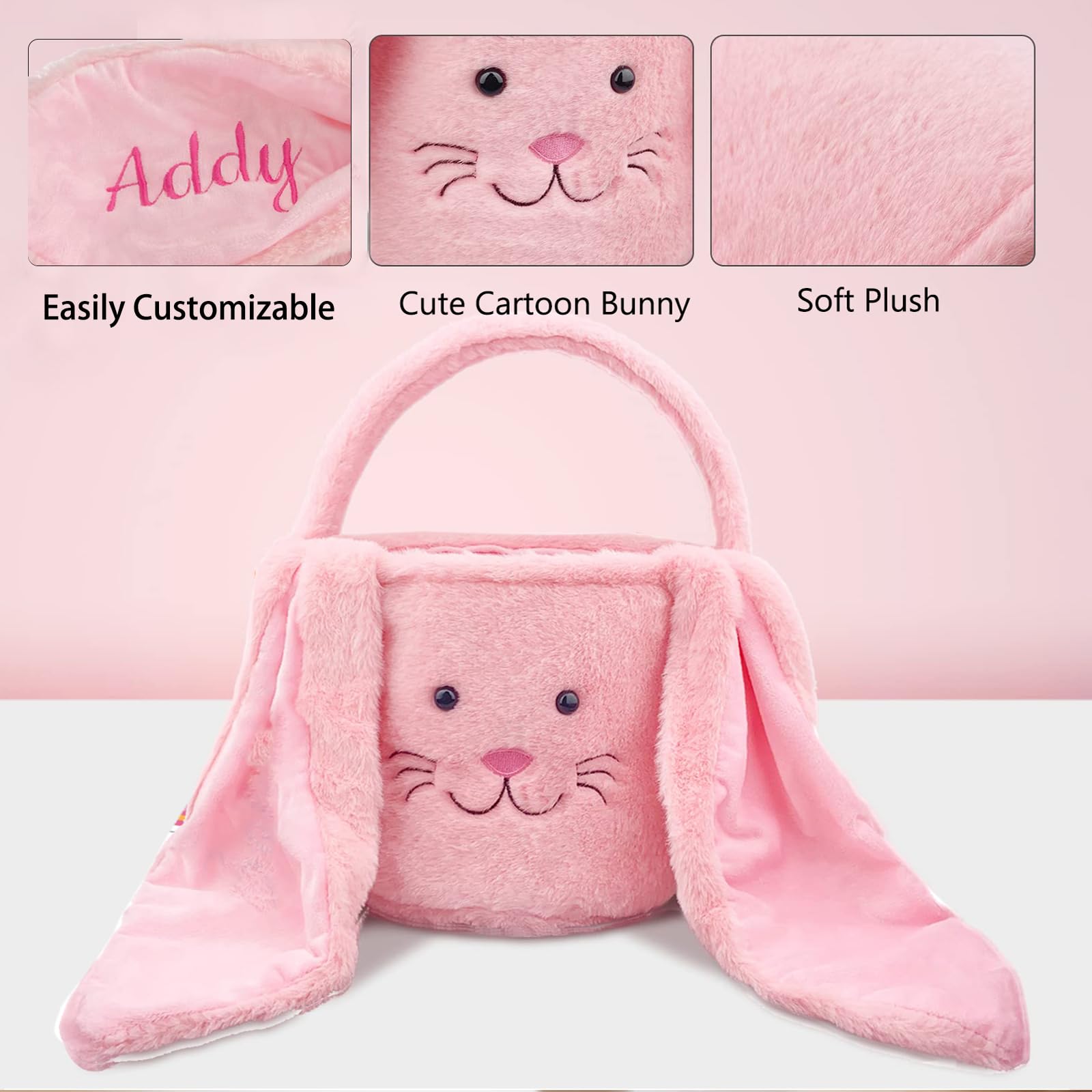 Kephay Easter Bunny Basket for Kids, Cute Plush Big Ear Easter Basket with 50PCS Easter Stickers Pack for Boys Girls Easter Gifts for Egg Hunting Basket (Pink)
