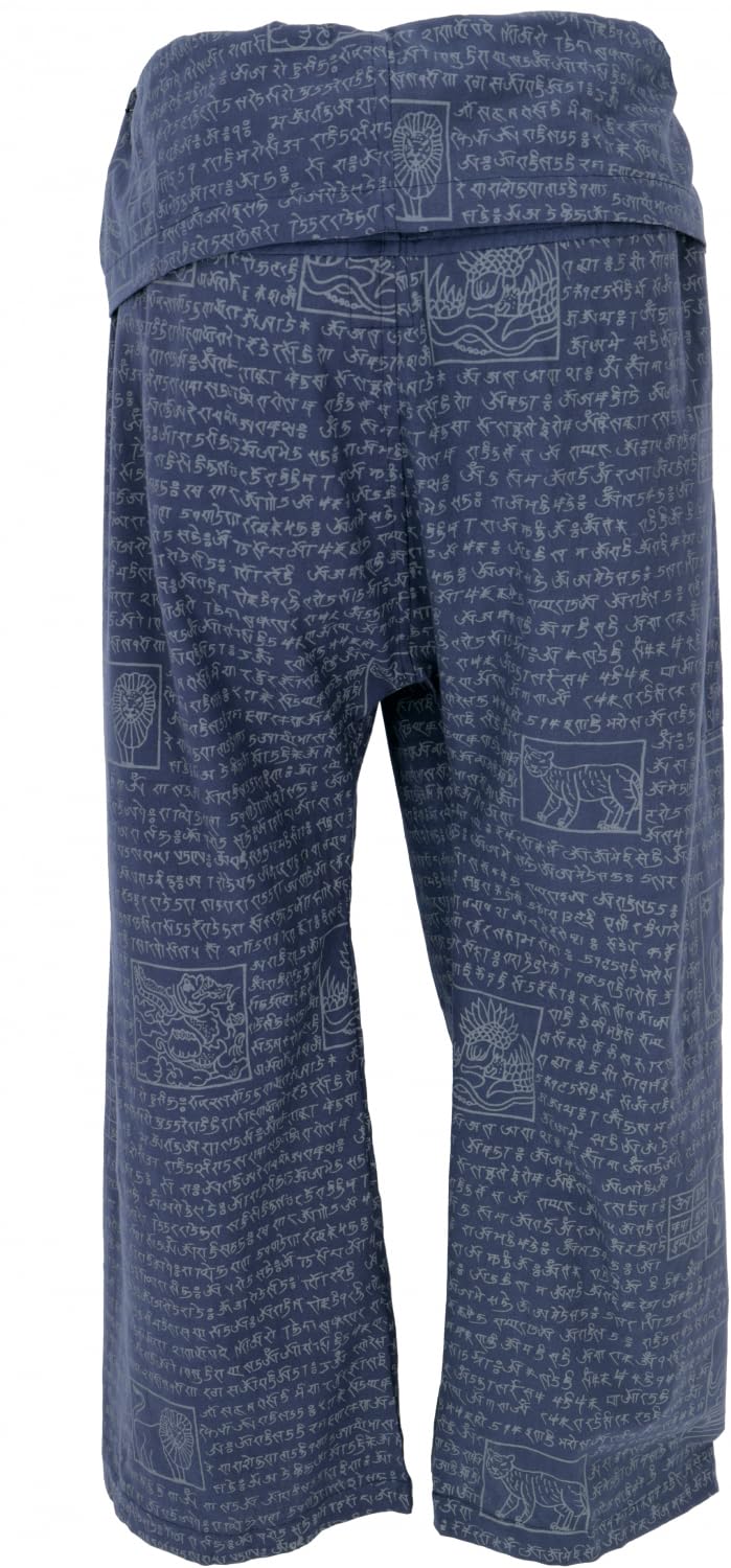 GURU SHOP Pantalon de pêche thaïlandais avec imprimé mantra en coton tissé, pantalon enveloppant, pantalon de yoga, homme/femme, vert, taille : taille unique
