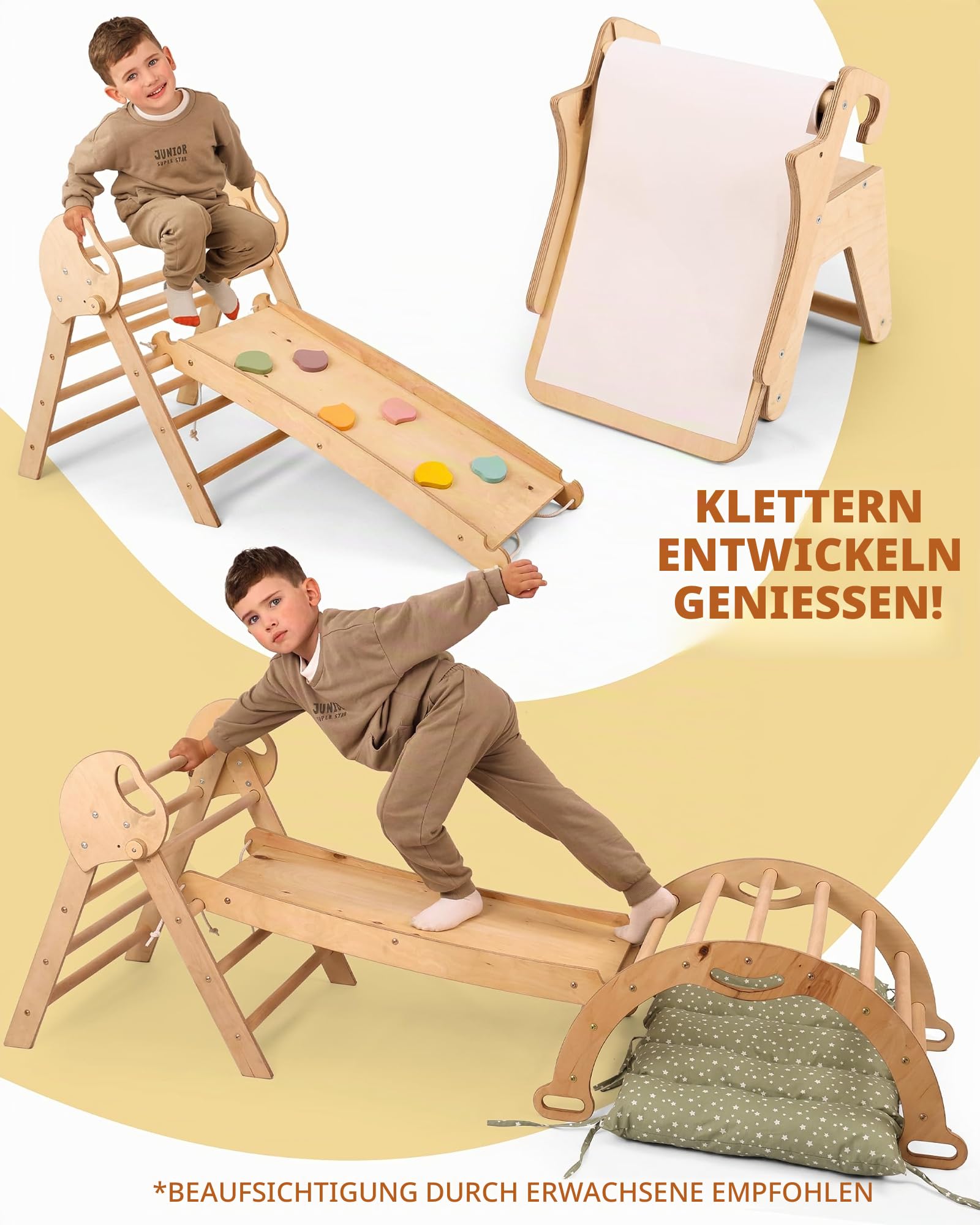 Goodevas Montessori Kletterdreieck Set | Klettergerüst Indoor Holz mit Dreieck, Wippe, Rutsche, Kissen & Kunst-Set, Umbaubar, 1-3 Jahre, Beige mit grünem Kissen