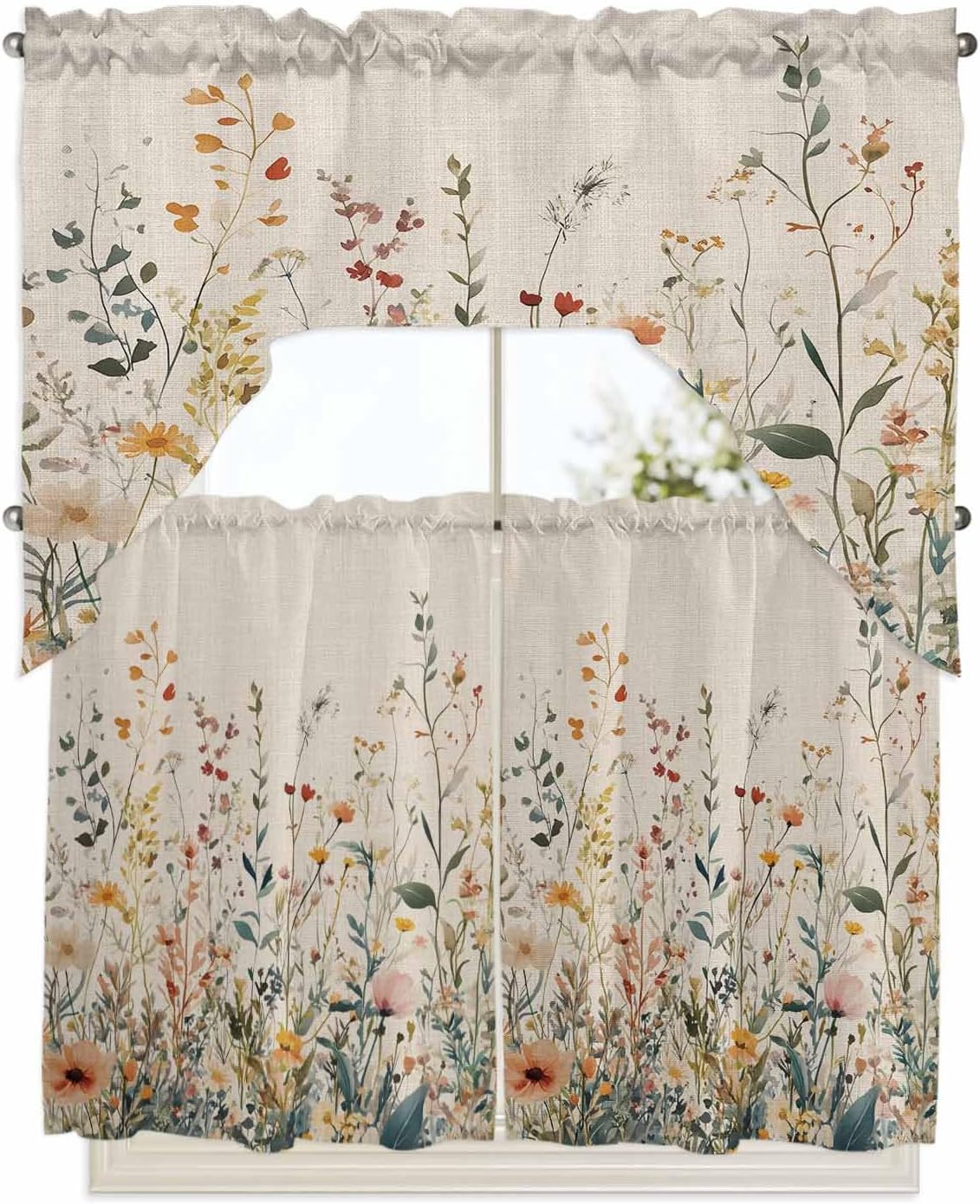 Vintage Botanical Kitchen Curtains Sets for Windows 3 Piece, Spring Floral Summer Botanical Rustic Kitchen Curtains and Valances Tier Set 24 Inch Length Swag Curtain for Living Room Cafe Bathroom