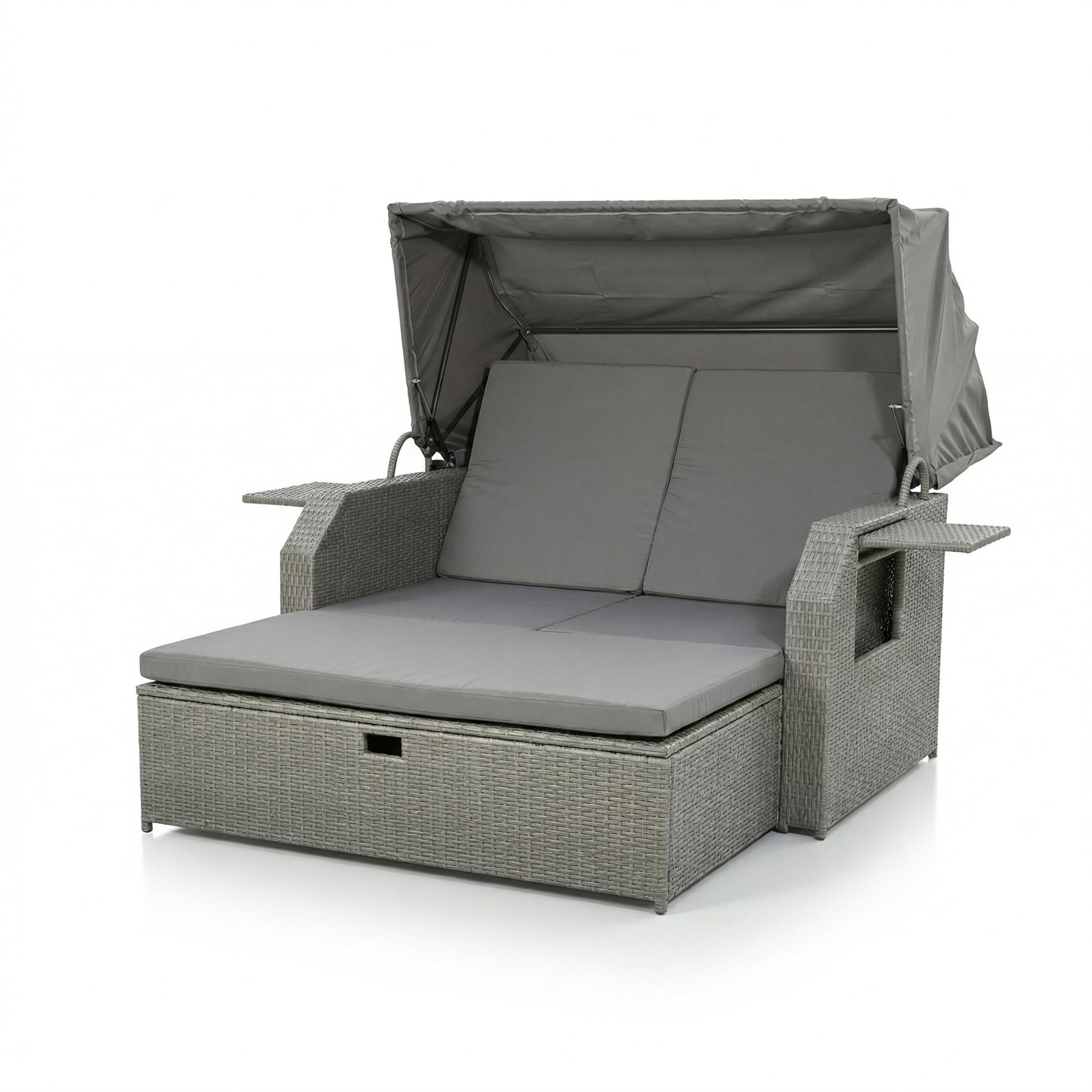 Mucola Strandkorb inkl. Sonnenschutz Polyrattan Sonnenbett inkl. verstellerbarer Rückenlehne und klappbaren Seitentischen Outdoor Lounge wetterfest