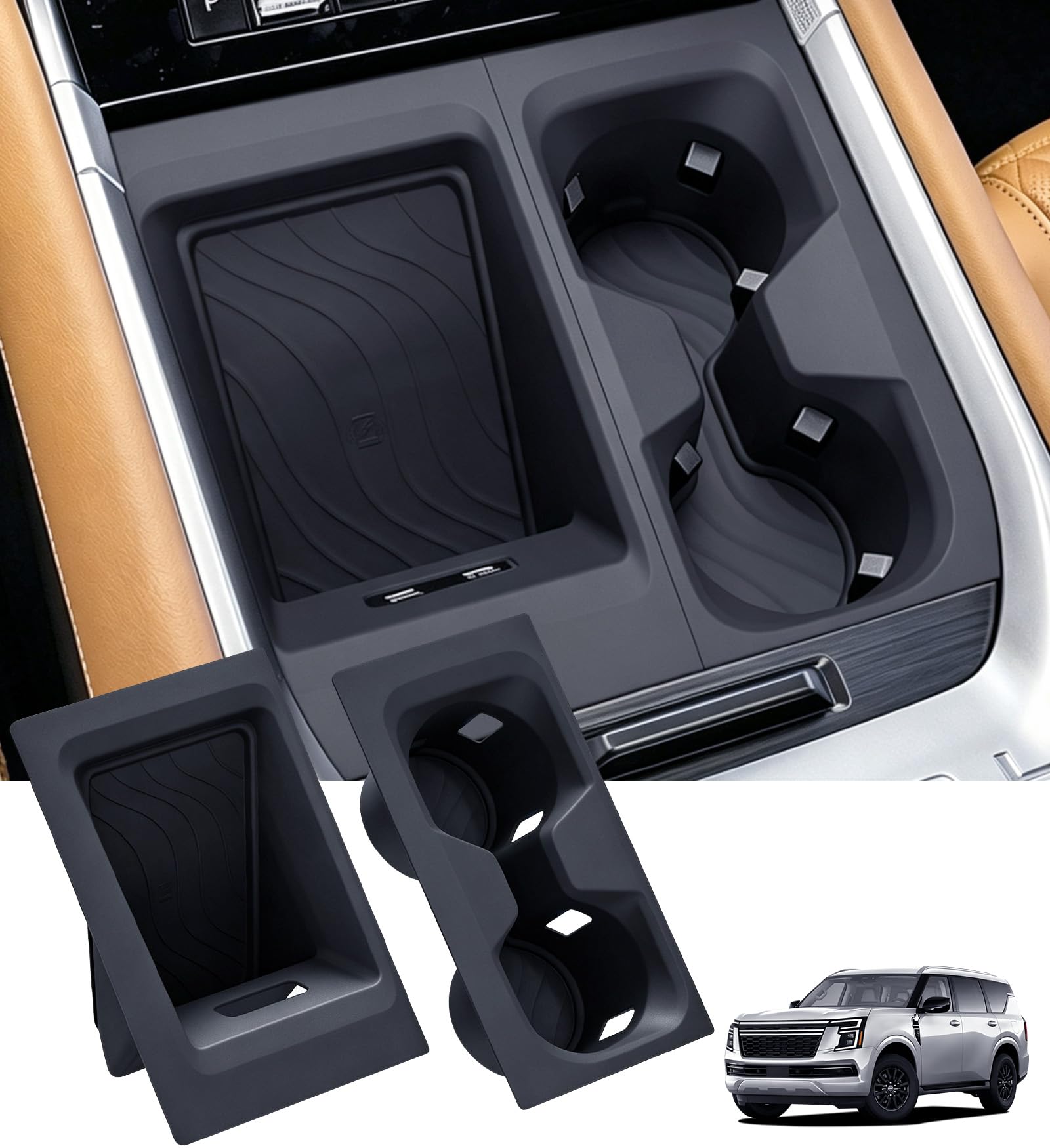 Cup Holder Insert &amp; Wireless Charging Protective Mat for Nissan Armada 2026 2025, Center Console Interior Accessories Cup Holders &amp; Wireless Charger Cover Pad for 2025-2026 Armada, Black