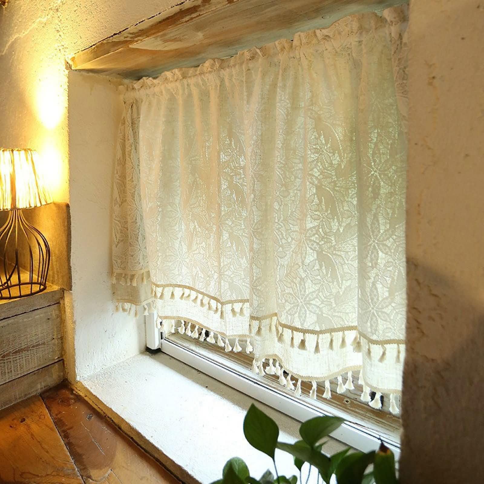 Zazdrostki do sypialni, zestaw 1 szt., 1 x 135 x 80 cm (wys. x szer.), krótkie zasłony, beżowo-białe, haftowane liście z frędzlami, zasłony z kieszeniami