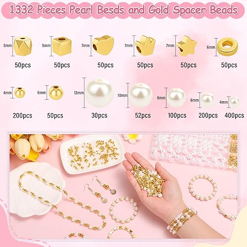Miniatura 3 de Audab Kit de fabricación de pulseras, 1332 cuentas de perlas y cuentas espaciadoras doradas para hacer pulseras y hacer joyas para adultos