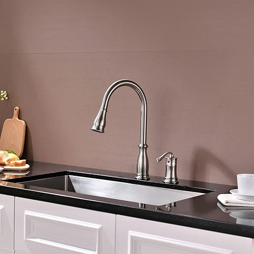 Vista 56 de APPASO Grifo de cocina de 3 agujeros con rociador desplegable de níquel cepillado, grifo de cocina de 3 piezas con dispensador de jabón y mango