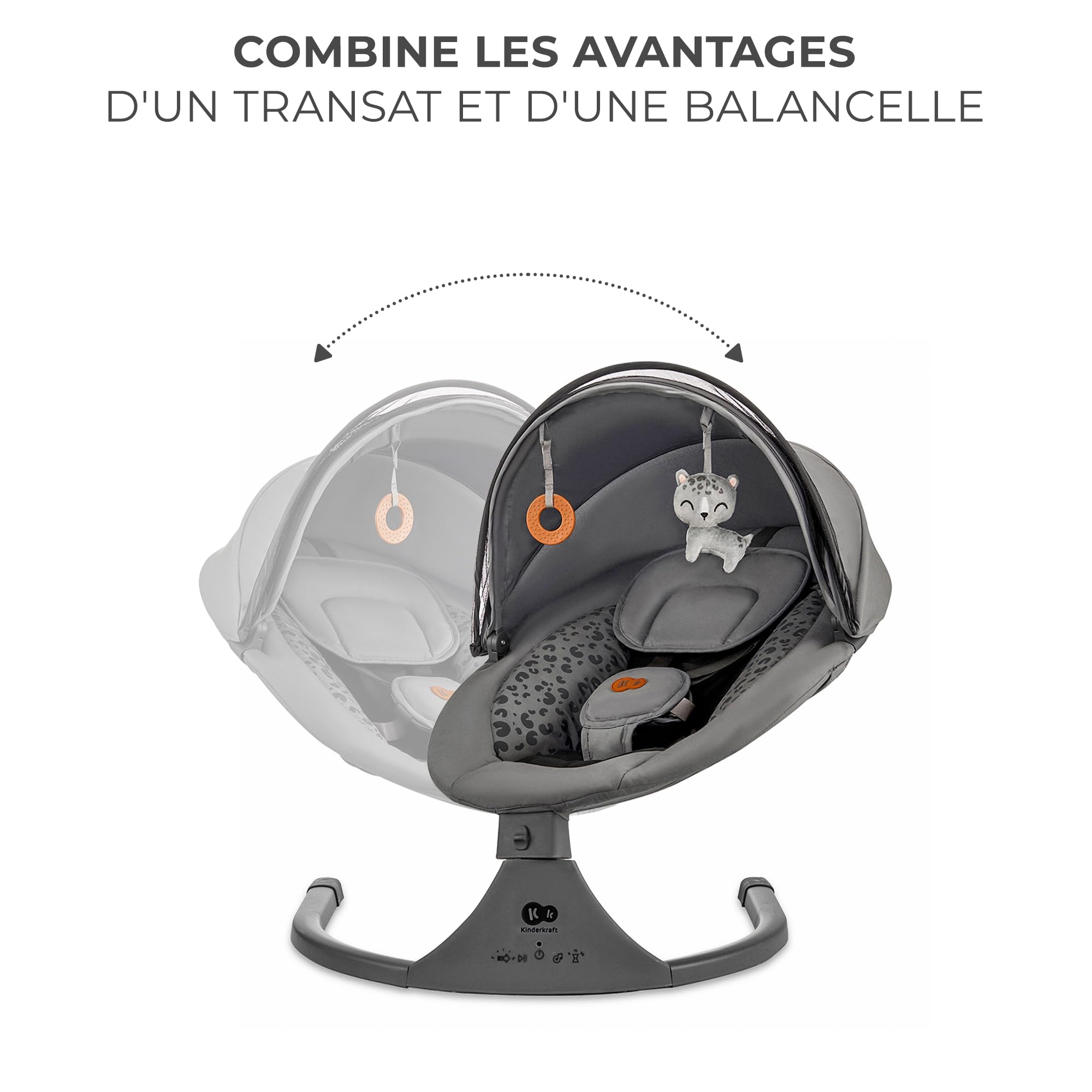 Kinderkraft LUMI 2 Transat bébé, Balancelle bebe electrique de La Naissance à 9 Mois, Réglable hauteur, 5 modes du balancement, 12 mélodies, Arche avec jouets, Gris foncé